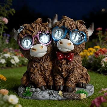 Solar Garden Highland Cow Decor Outdoor, Couple Highland Cow Statues with Dynamic LED Lights, Resin Highland Cow Figurine Lights for Garden Patio Lawn Yard Decor, Unique Birthday Gifts for Women Mom