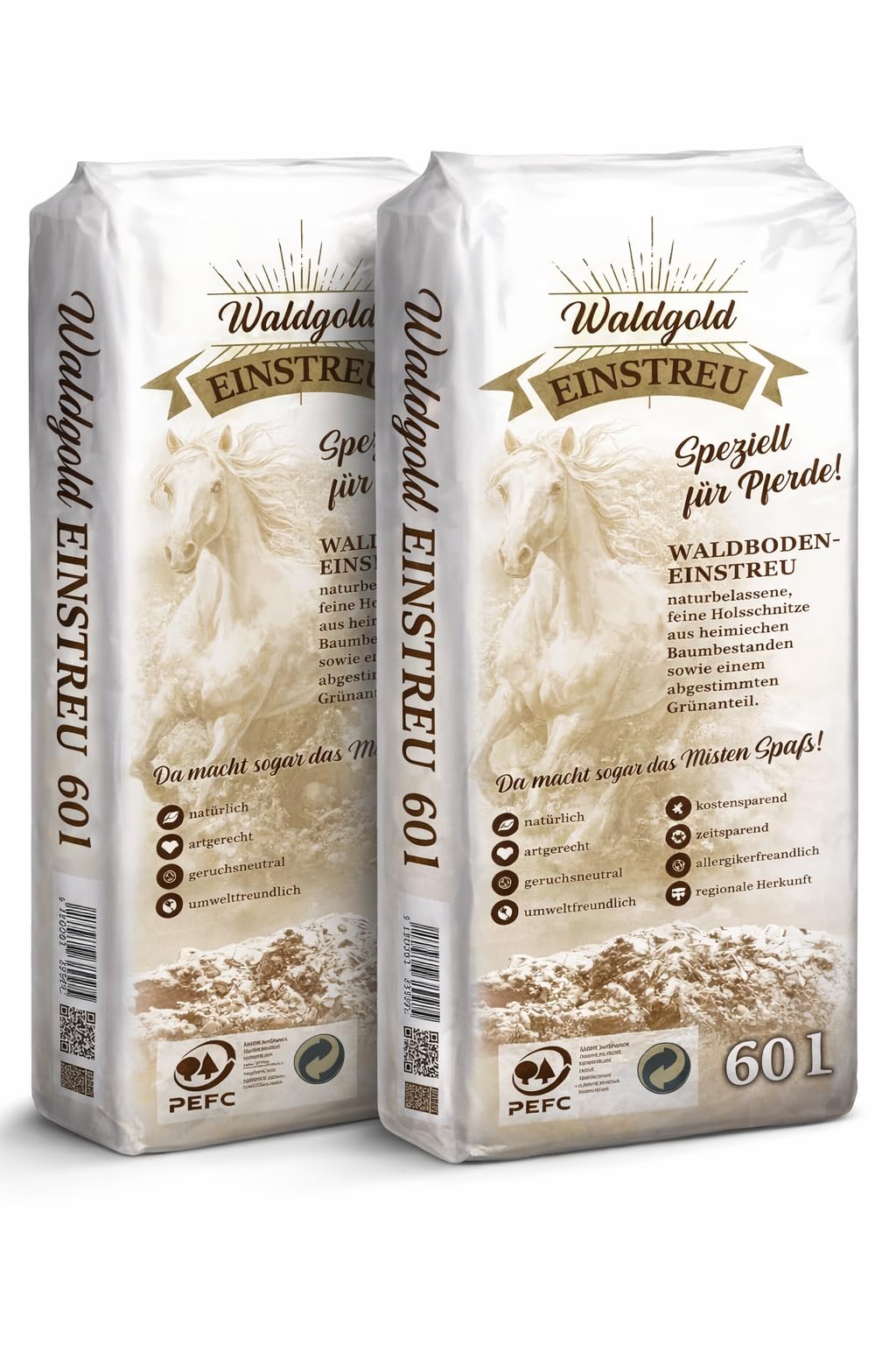 Waldgold Waldboden-Einstreu für Pferde 2 Säcke 120 L staubarm kompostierbar natürliche Holzschnitzel