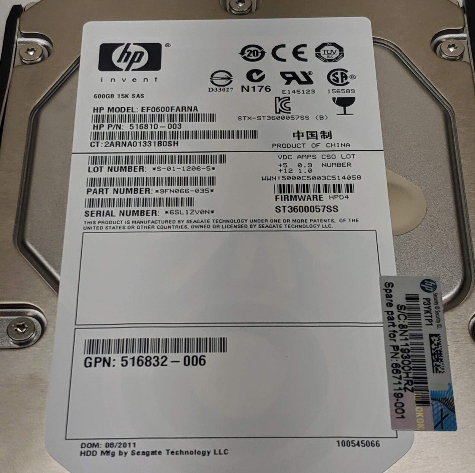 516810-003 HP 600GB 15K RPM 3.5Inch Dual Port 6GBits SAS Hard D