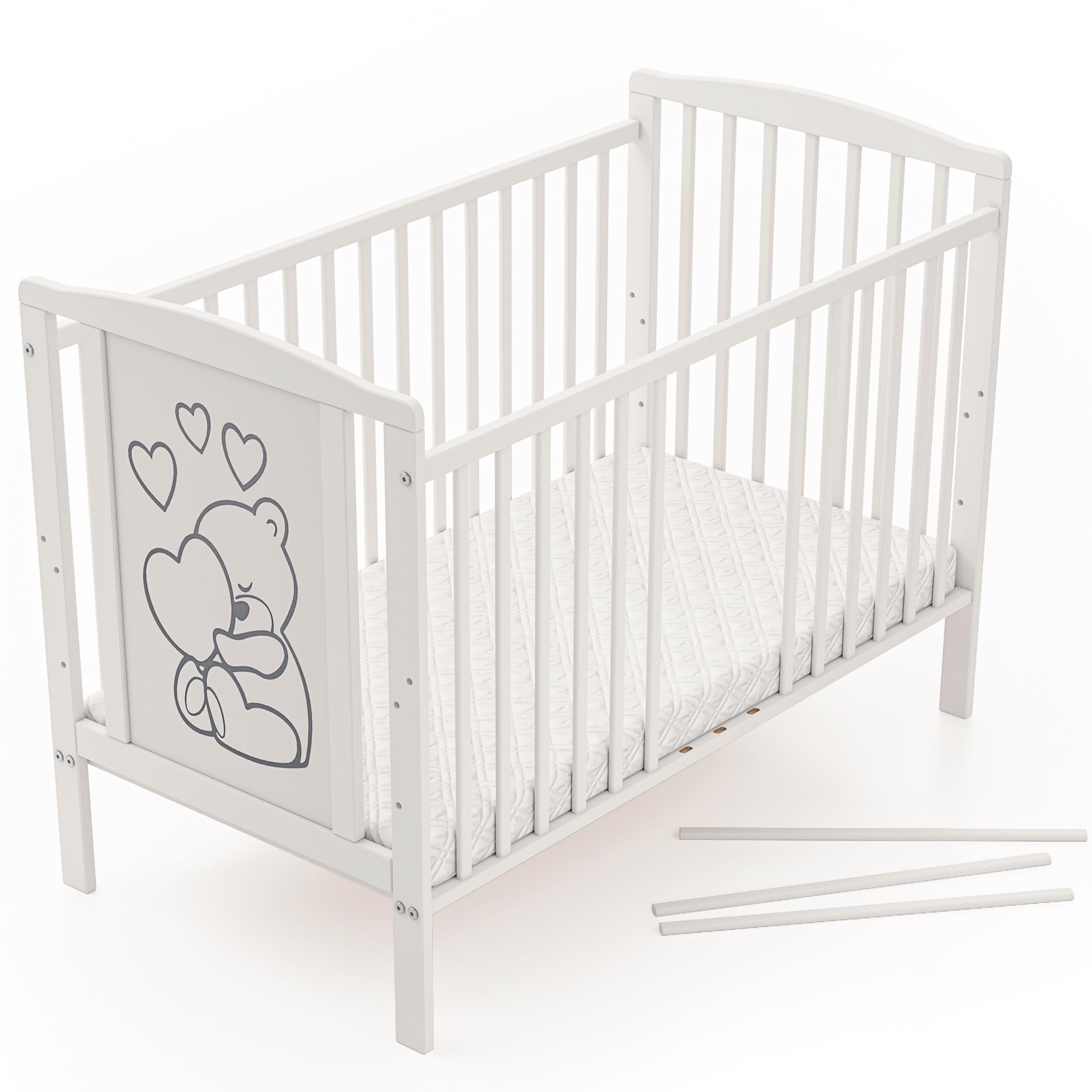 Lettino con materasso 60x120 cm Luca-Mia – Lettino in legno con sbarre, design cuore