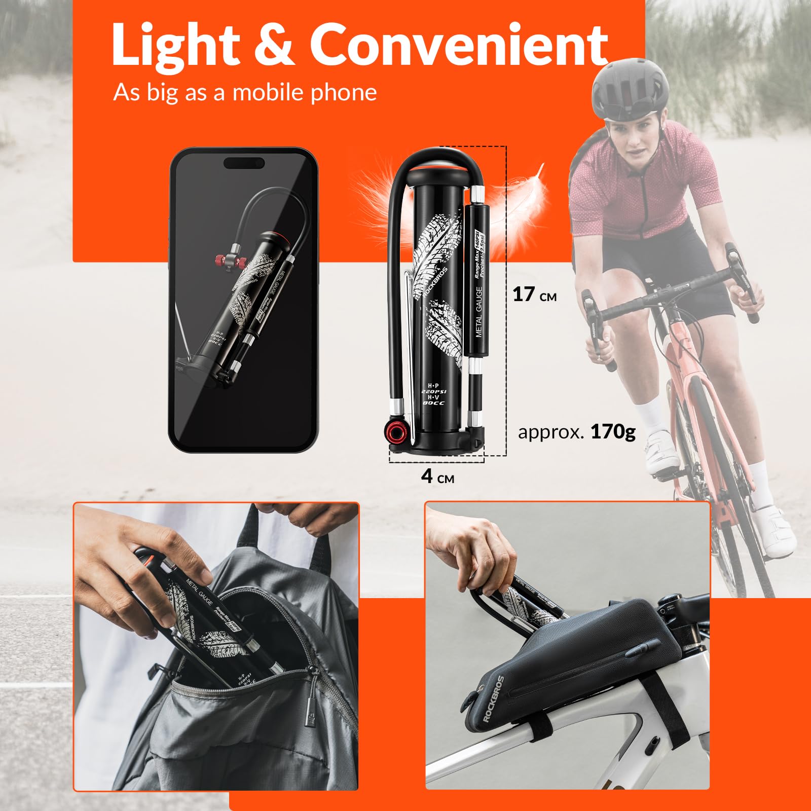 ROCKBROS Pompa per Bicicletta da Pavimento e Portatile, Alta Pressione 220 PSI, Con Presta Schrader, Per MTB, Corsa e Palla Sportiva
