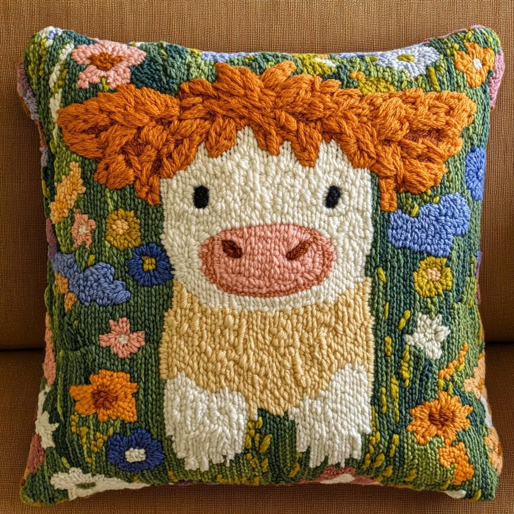 DIY Punch Needle Pillow Kit Cute Highland Cow and Wild Flowers with Pattern and Hoop Handmade Embroidery Punch Needle Starter Pillowcase Set for Home Sofa Decor 43x43cm-1-12