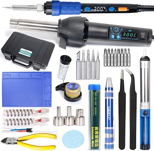 YIHUA Paquete de kit 8858-I y 928D con el elemento calefactor de pistola de aire caliente #8858 con soporte de hierro, kit de limpieza y accesorios