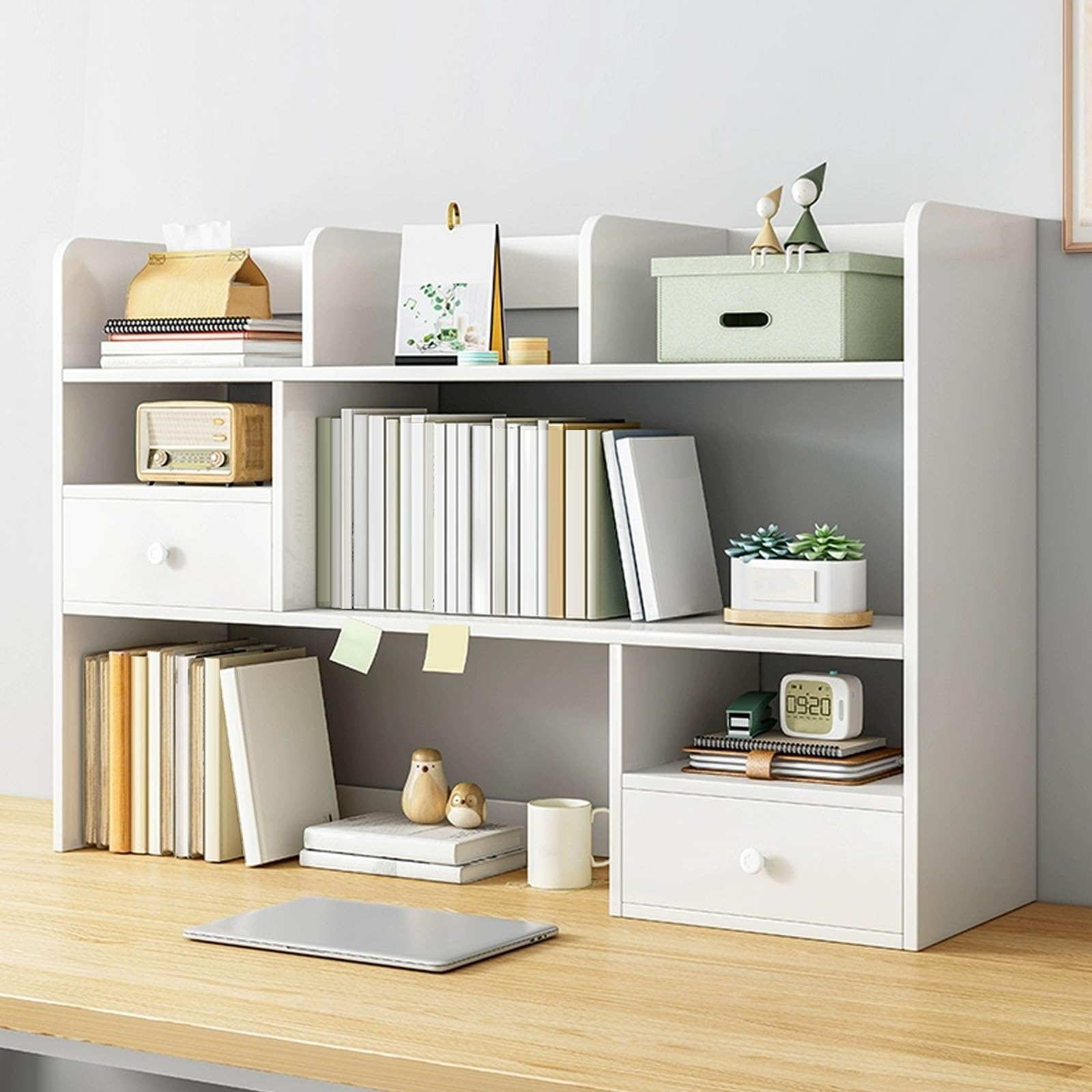 CWCQGH 3-Tier Desk for Dorm Room - Desktop Organizer with 2 Cabinet Doors, Ideal for Books, Documents, Plants, Cosmetics, and Decorative Ornaments - Space-Saving Storage Solutio,White-110cm/43.3in