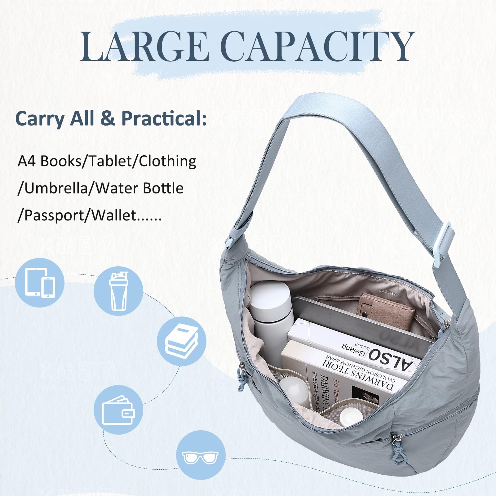 VASCHY Bolso Bandolera Mujer Grande Media Luna Impermeable Ligero de Nylon Estilo Boho Deportivo con Correa Ajustable y Múltiples Bolsillos para Universidad Trabajo y Viaje
