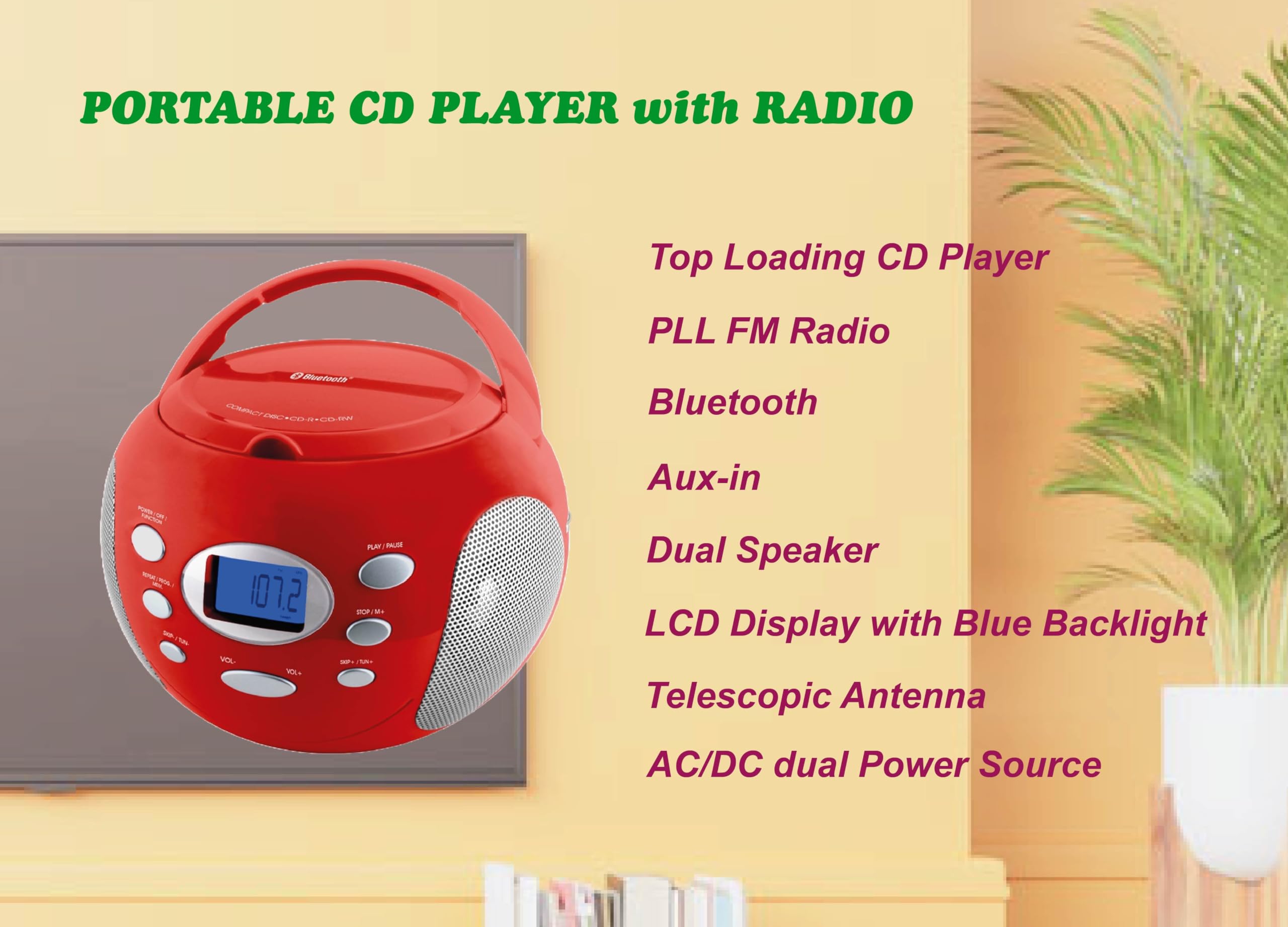 HANNLOMAX HX-305CD Portable CD Boombox, PLL FM Radio, Bluetooth, LCD Dislay with Backlight, Aux-in, AC/DC Dual Power Source (Red)