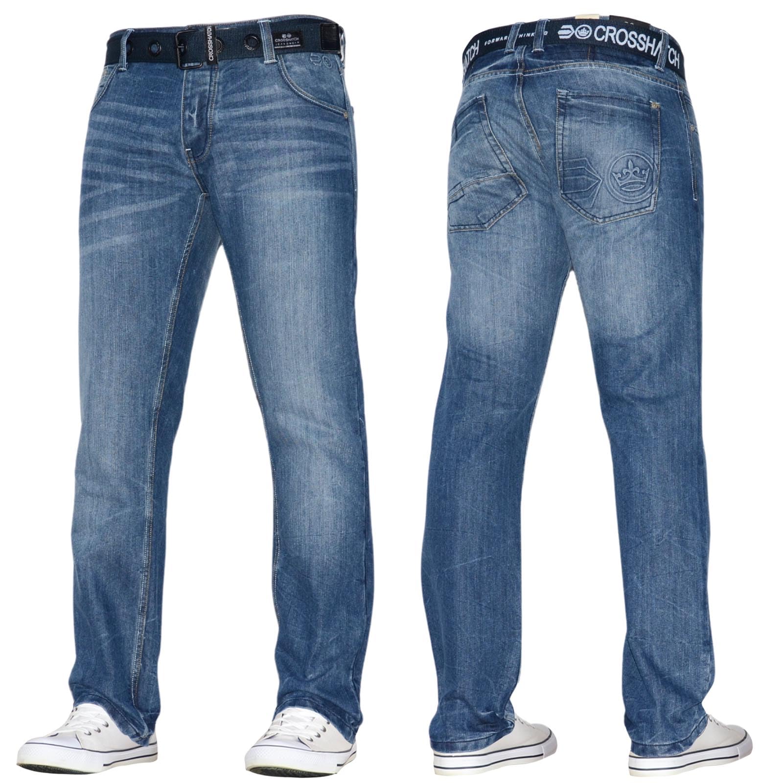 Crosshatch Men's Stonewash Stretch Straight Leg Jeans Trousers Free Belt Stylish Fashion Branded Denim By Jeanbase 30W X 34L