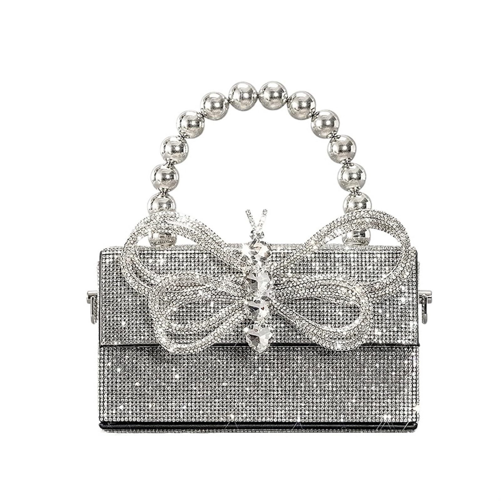 Pedrería Clutch Fiesta Bolso de noche con lazo diamantes a la moda, bolsos mujer cuentas imitación, bolso hombro tipo bandolera brillante, pequeños solapa