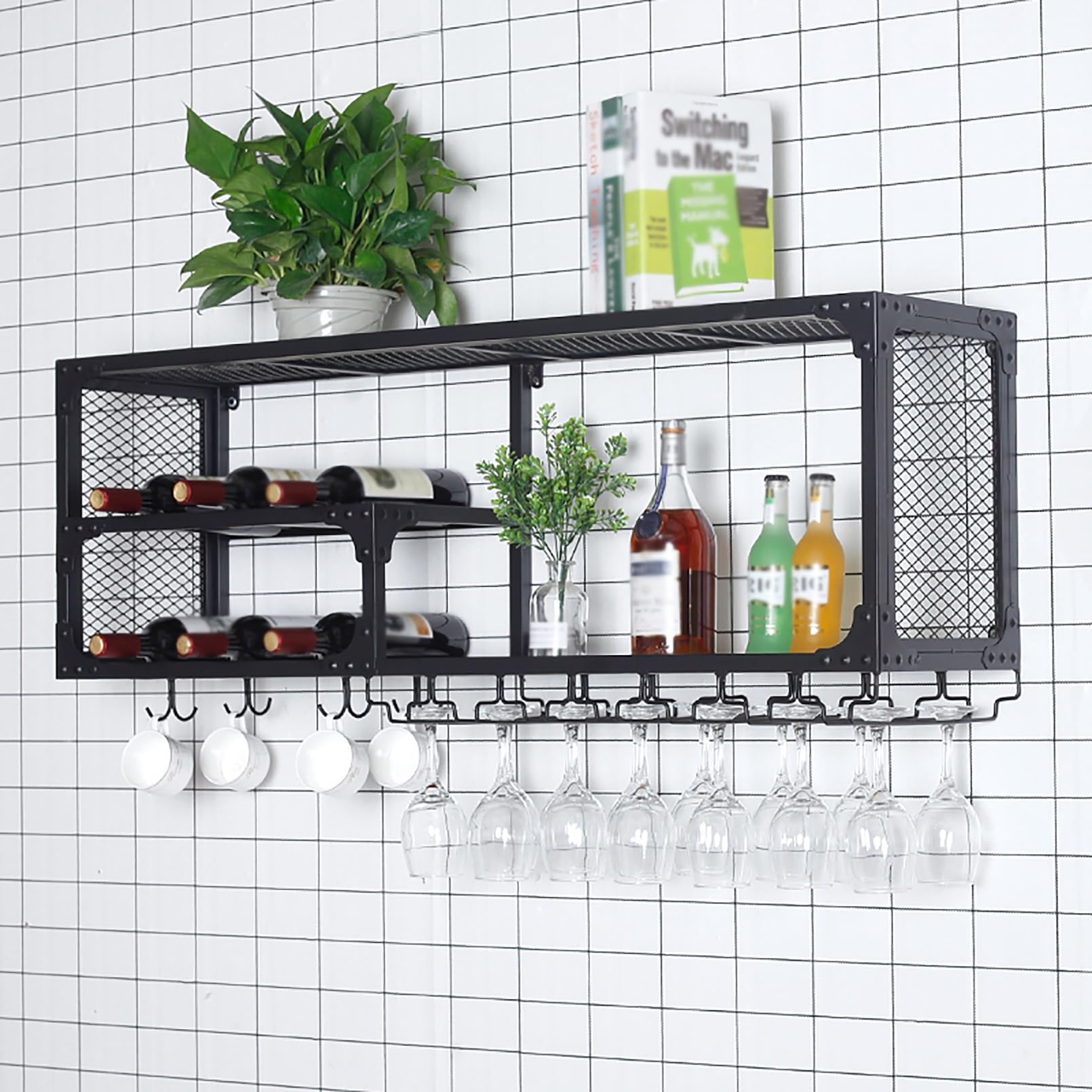 Botellero De Hierro Industrial,Enfriador De Vino Montado En La Pared,Botellero De Almacenamiento Multifuncional,soporte Para Botellas De Metal,Estante De Exhibición,Soporte Para Copas De Vino ( Size :