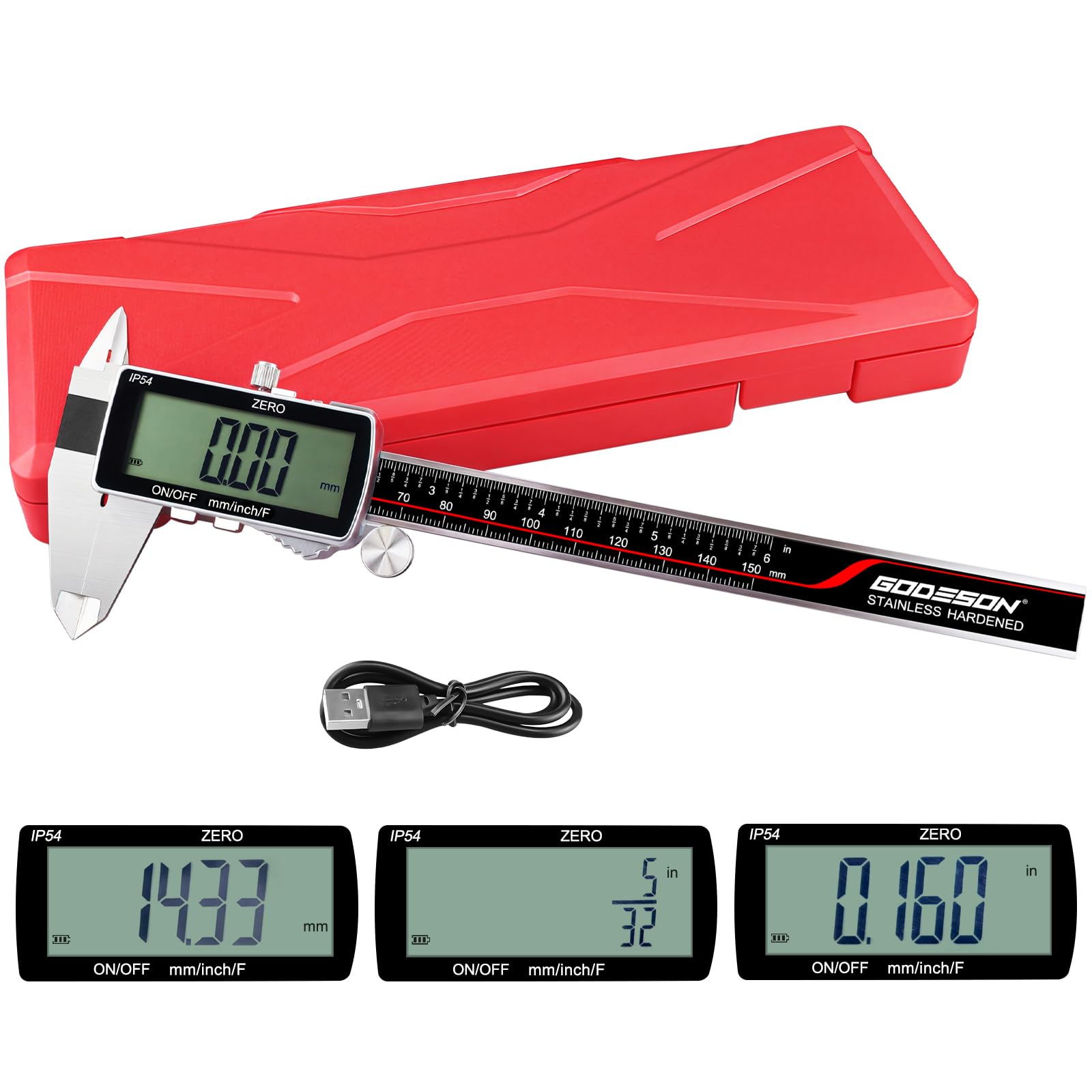 GODESON Digital Caliper,IP54 Caliper Measuring Tool-Stainless Steel & Large LCD Screen, Rechargeable Digital Micrometer display Inch/Metric/Fractions, 6 Inch Digital calipers-Absolute Scale & Auto-Off