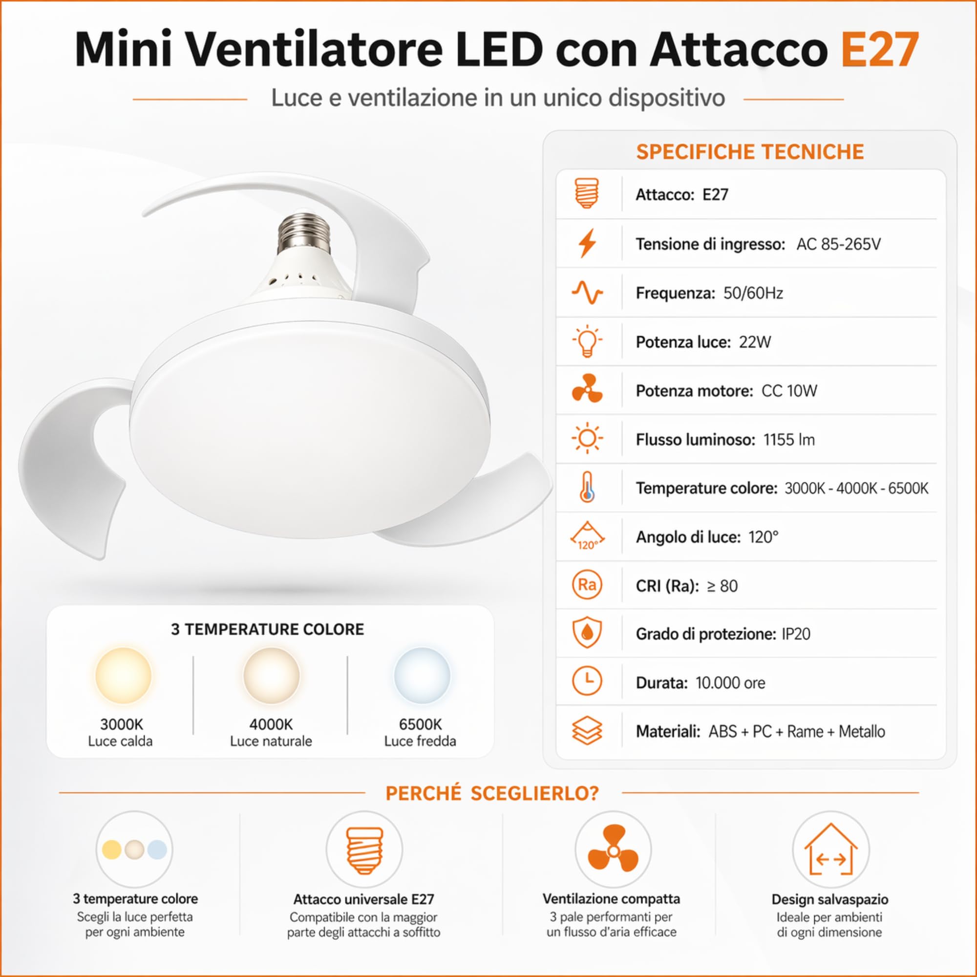 MAKA Ventilatore da Soffitto con Luce LED 22W E27, Telecomando 3 Velocità, Pale Retrattili, Motore 10W Silenzioso, 1155LM, 3000K 4000K 6500K, 220V IP20, per Bagno