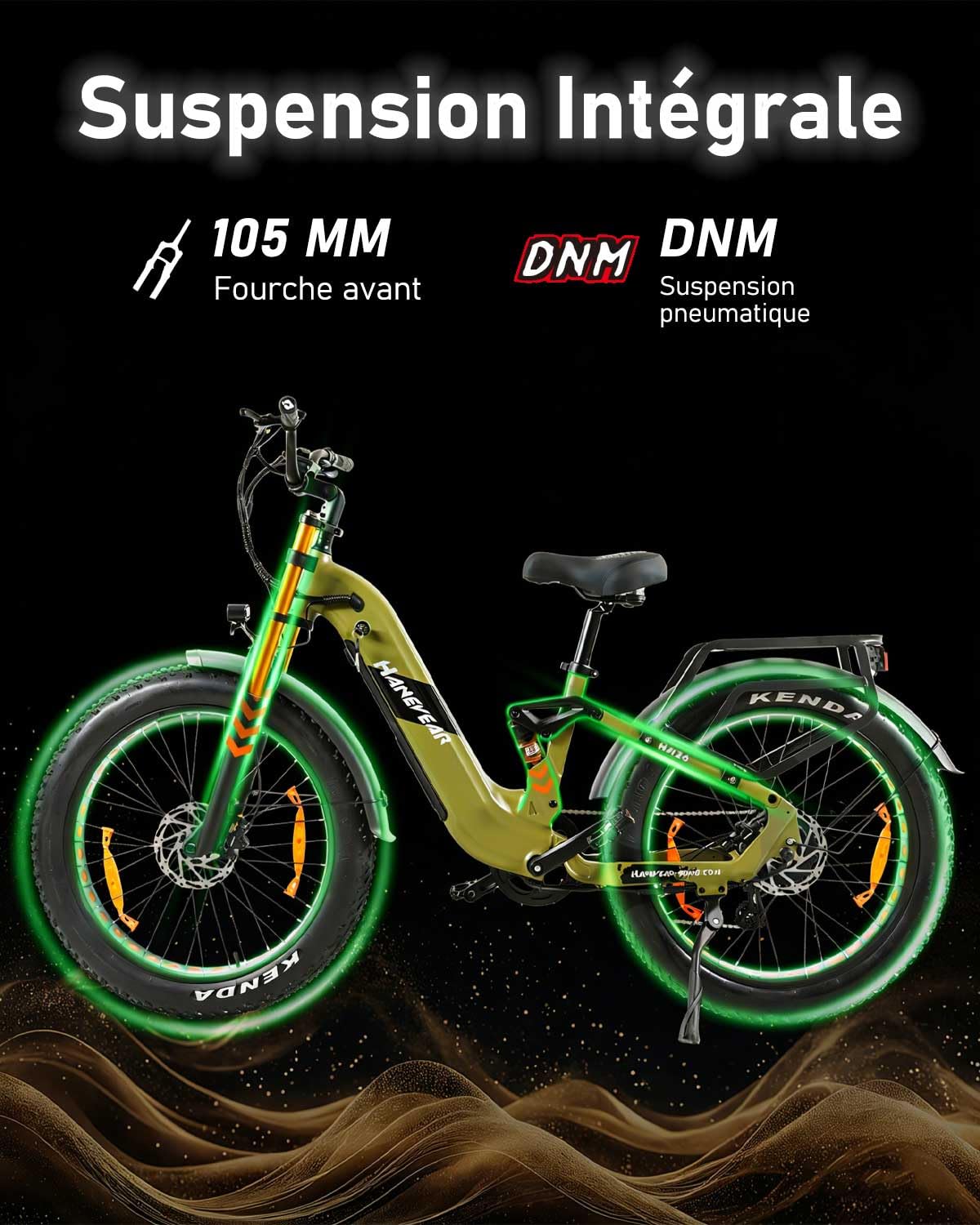 HANEVEAR HM26 Vélo Électrique, 150KM+ VTT Électrique Batterie LG 52 V 20,8 Ah, Capteur de Couple, Moteur de 95 Nm et Fat Bike Électrique Tout Suspendu, E-Bike pour Femmes Hommes