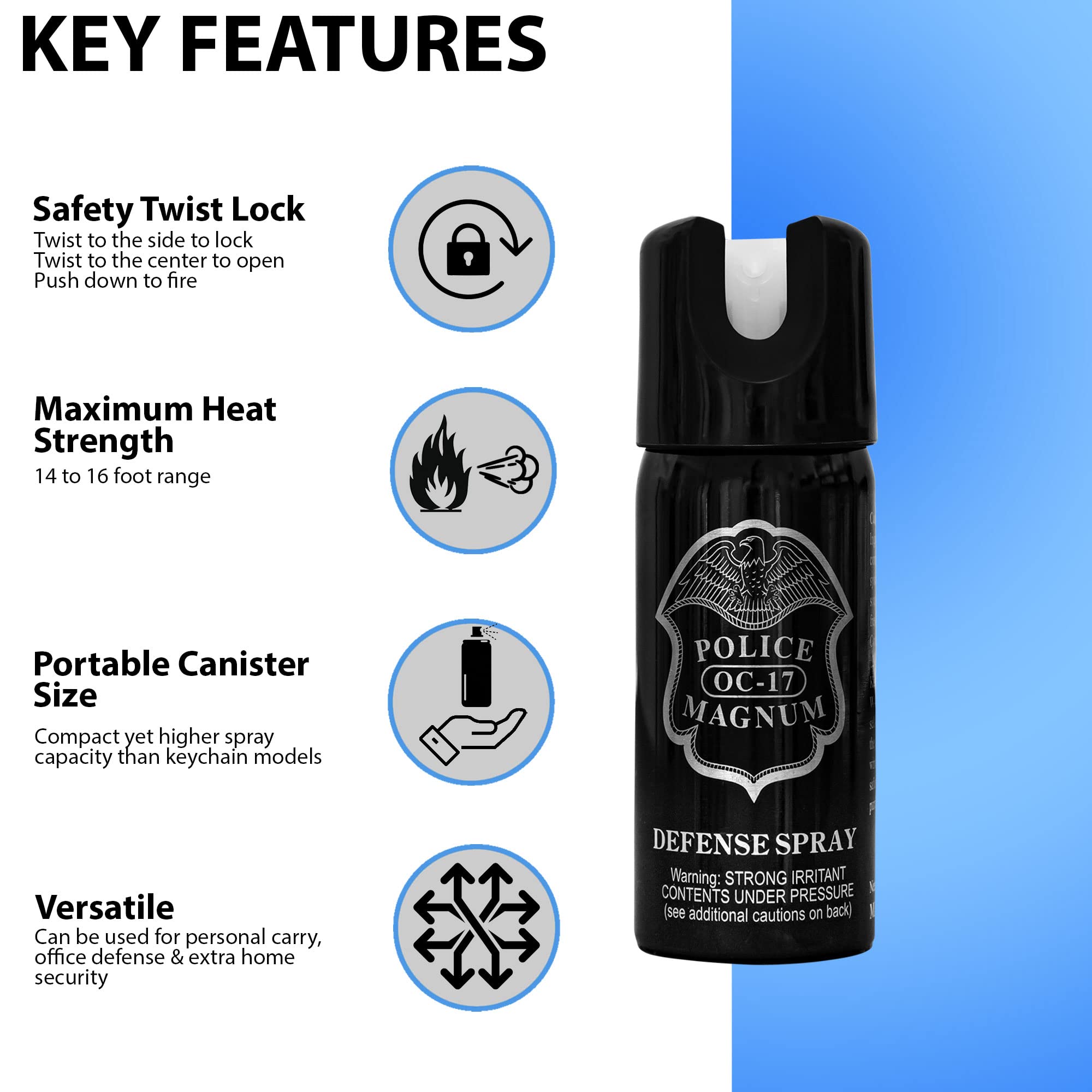 POLICE MAGNUM Pepper Spray Self Defense Portable Safety Canister- 2 oz Twist Lock (Glow in Dark)