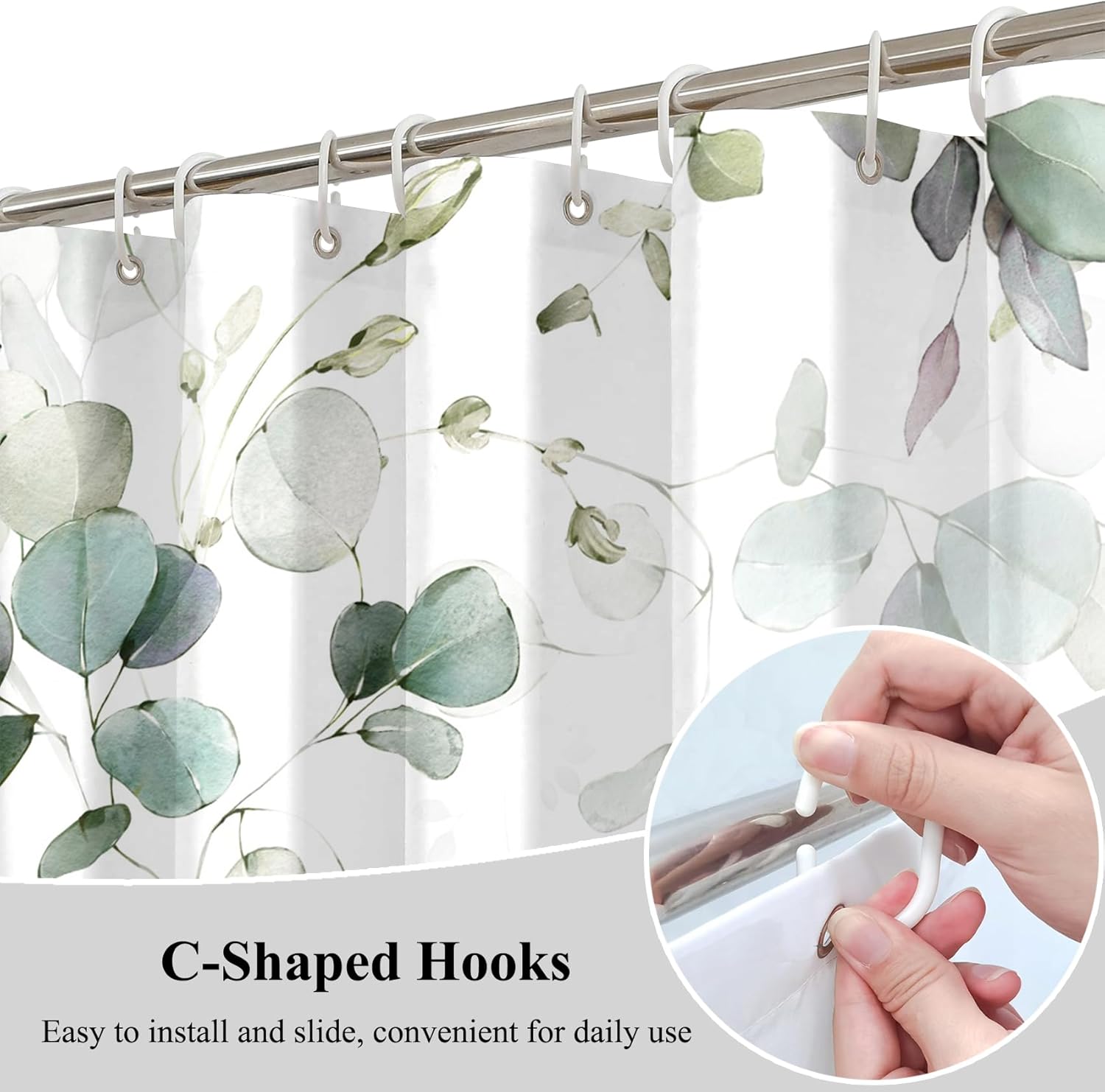 Sage Green Eucalyptus Shower Curtain Watercolor Plant Spring Botanical Leaf Printed Bath Curtain Waterproof Washable Fabric Bathroom Bathtub Decor Shower Curtain Set with Hooks 72x78 Inch