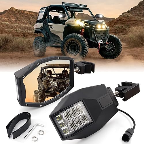 Espejos laterales UTV con luces LED, espejos laterales RZR con carcasa de aluminio de 60 W para barra antivuelco de 1 a 2.25 pulgadas, compatible