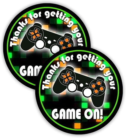 POP parties Gaming Green Party Favor Stickers - 40 Favor Bag Stickers - Gaming Party Thank You Tag - Video Game Party Supplies - Game Truck Party ...