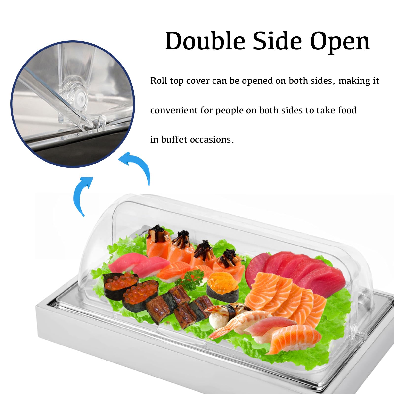 Bandeja de exhibición de alimentos helados, suministros de catering de acero inoxidable, exhibición de buffet con parte superior enrollable transparente y bolsa de hielo, plato de servir refrigerante