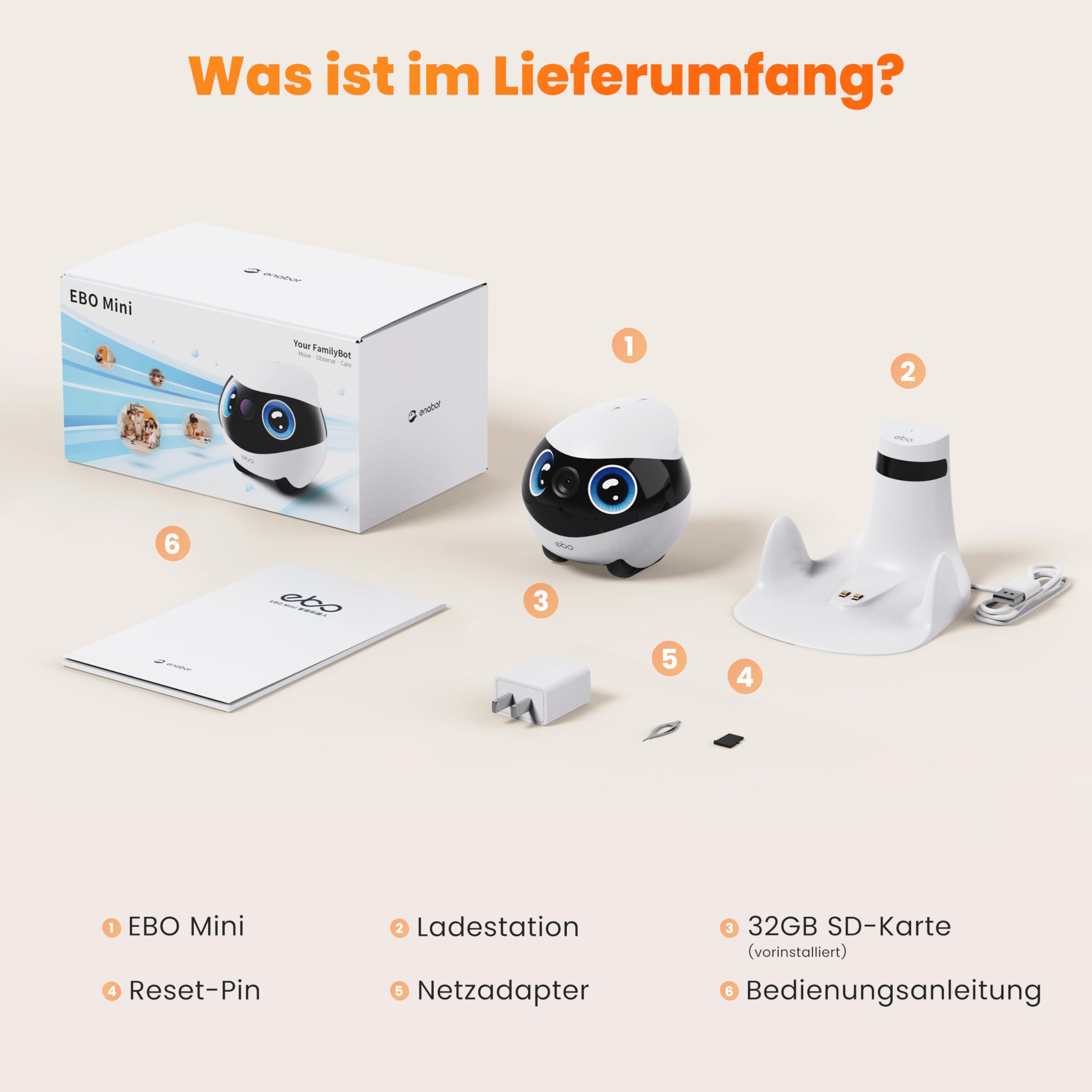 EBO Mini FamilyBot Mobiler Heimroboter mit 2K-Kamera Für Familie&Haustiere | Kompakter mobiler Roboter: Fahre durch dein Zuhause, prüfe Räume und sieh nach Familie oder Haustieren unterwegs.