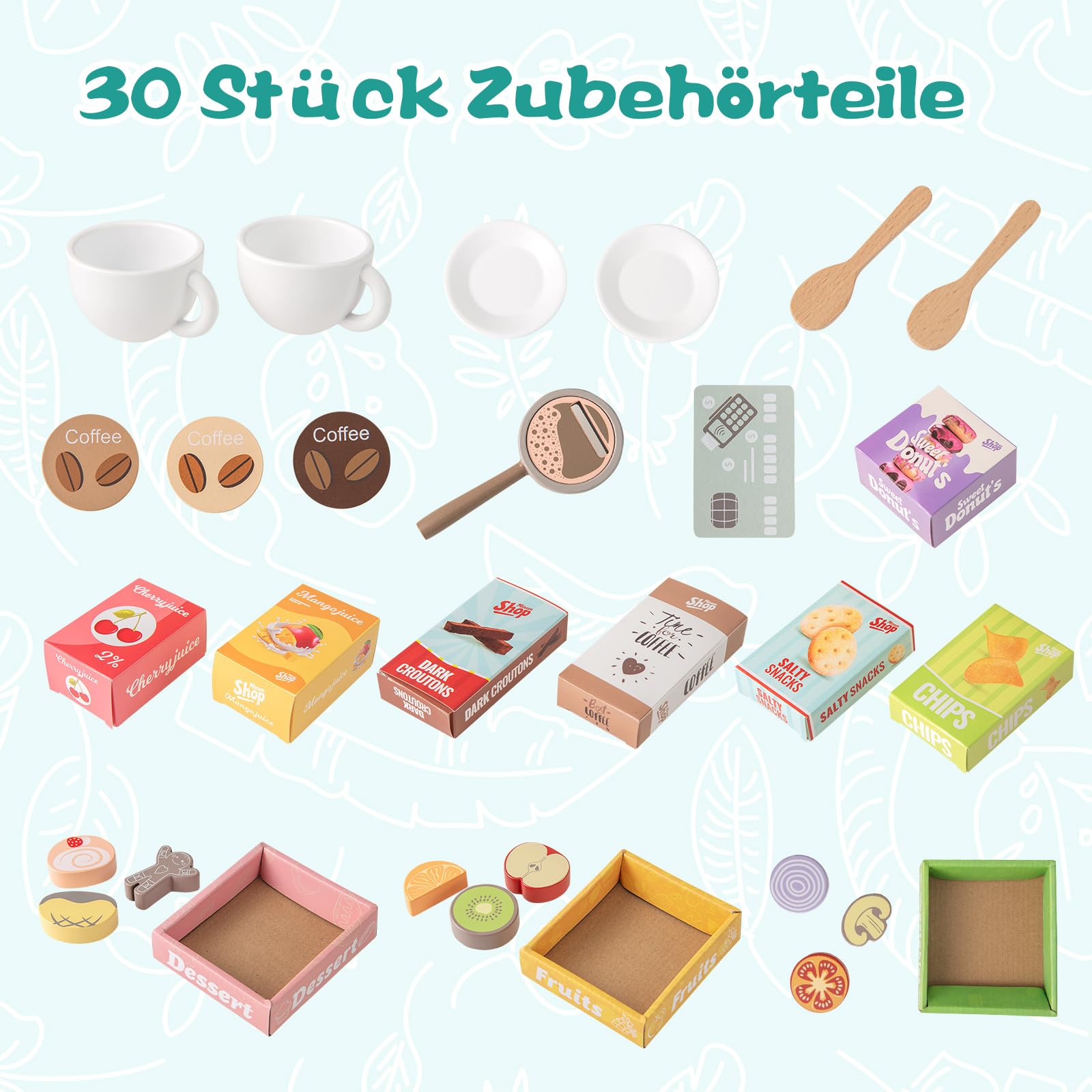 COSTWAY Kaufladen Kinder, Kaufmannsladen Holz inkl. Zubehör (Grün) | Supermarkt mit Verkaufsautomat, Kasse, Kaffeemaschine & Ofen, Verkaufsstand Theken, Einkaufsladen für Kinder ab 3 Jahren
