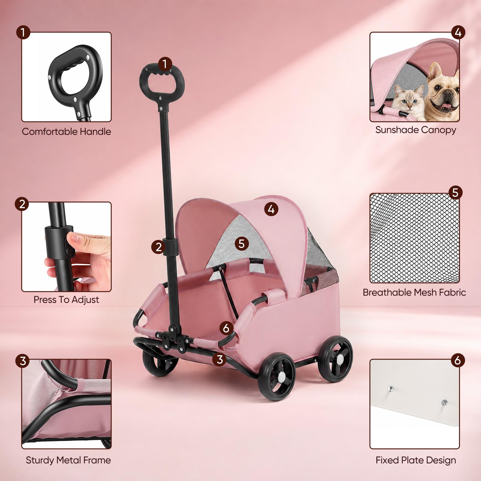 Carretto per Cani, Passeggino Pieghevole Cani e Gatti Carrello 4 Ruote per il Trasporto Animali con Maniglia Girevole a 360° Tasca Portaoggetti Cappottina Parasole e Maniglia Traino Retrattile Trolley