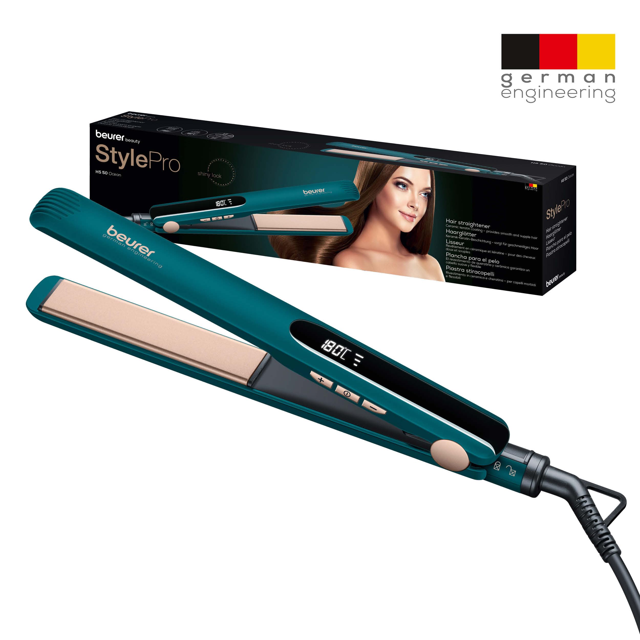 Beurer HS 50 Ocean Plancha para el pelo, alisador con revestimiento cerámico de queratina para un cabello suave, pantalla LED para indicar la temperatura, ajuste de temperatura de 120 a 220°C