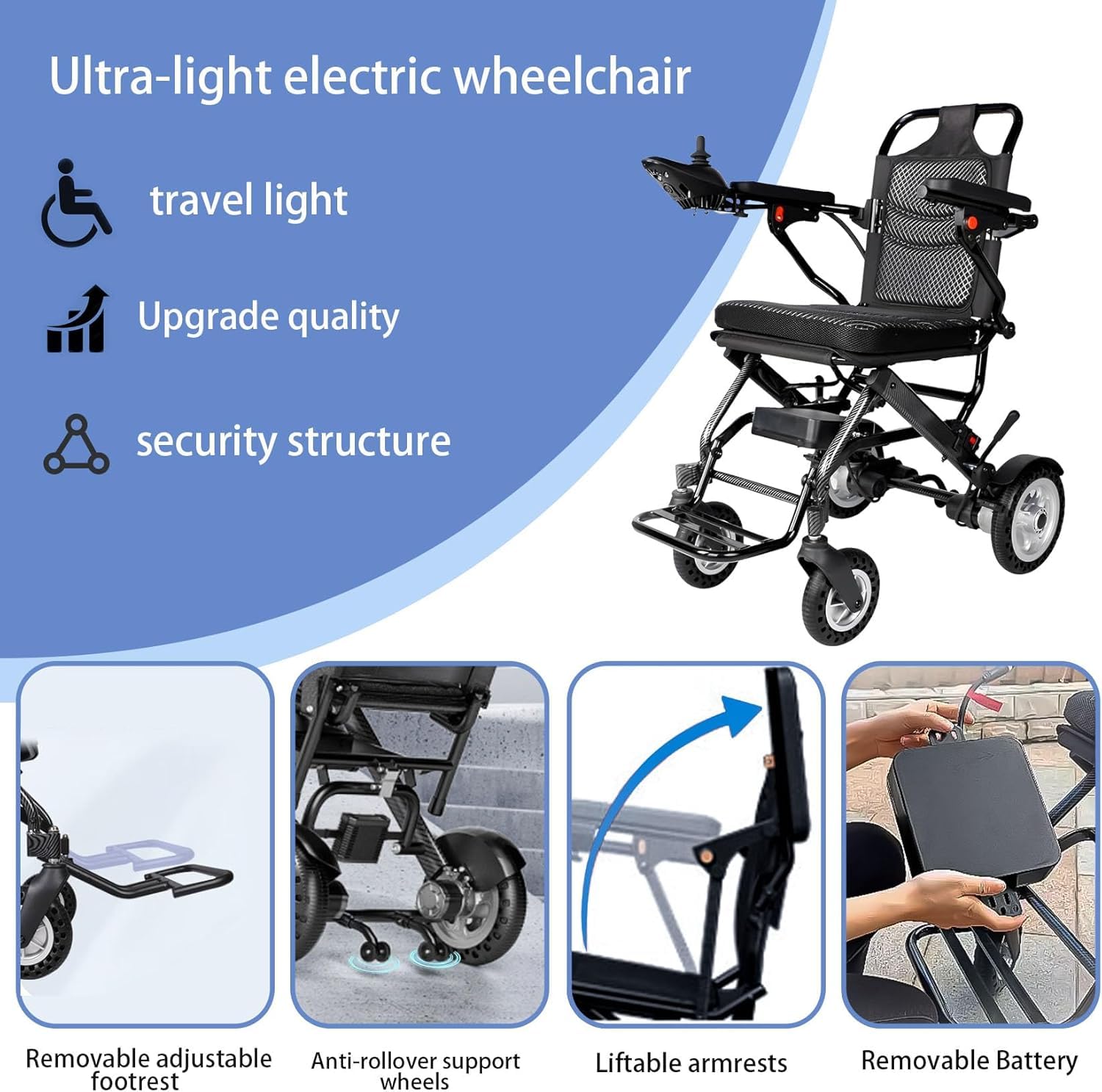 Silla De Ruedas Eléctrica Sillas De Ruedas Ligeras Plegables para Adultos Silla De Ruedas Eléctrica para Ancianos Y Discapacitados, Black, DZ-10