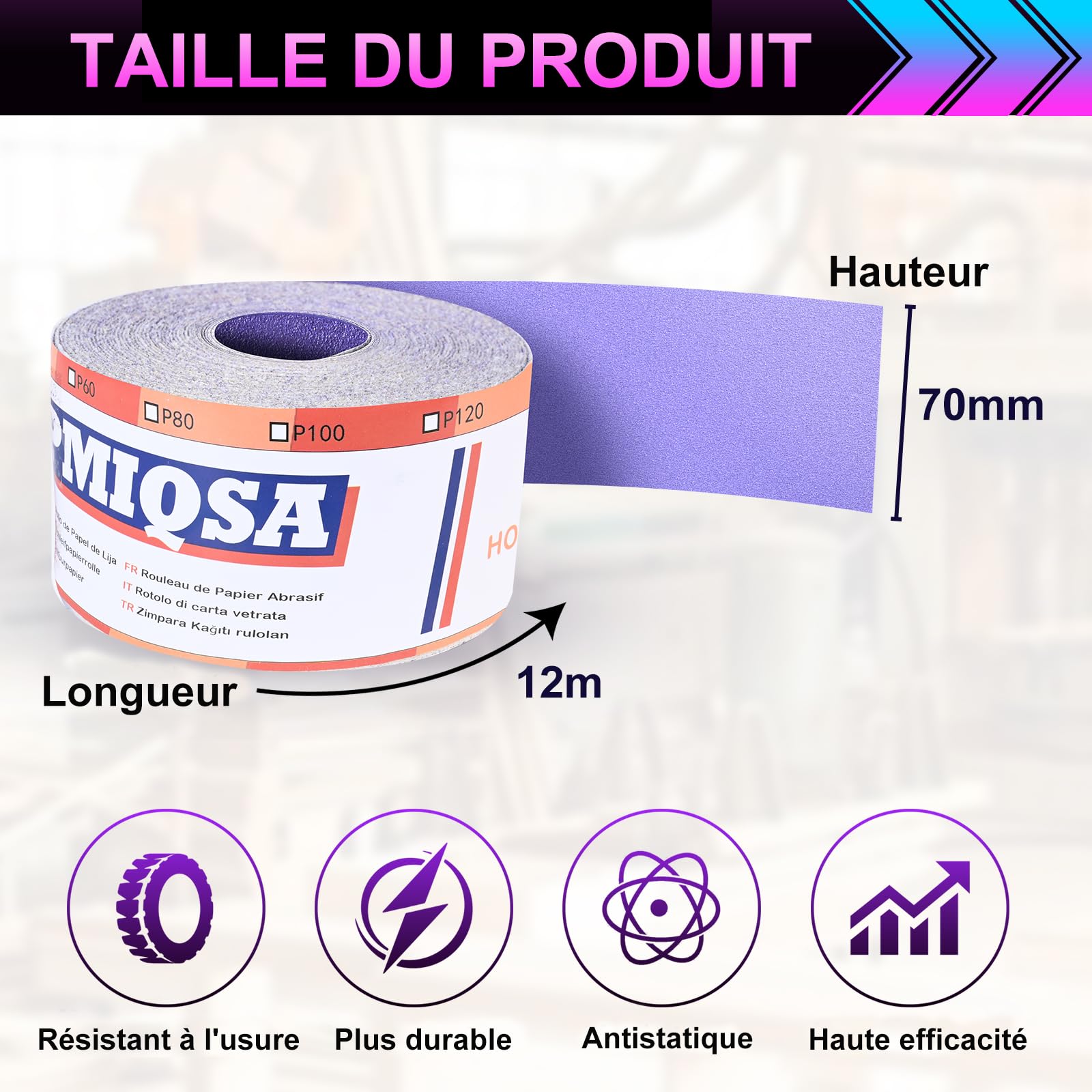 Rouleau de Papier de Verre Céramique Violet 70 mm x 12 m, Grain 80 | Rouleau De Papier Abrasif Auto-Agrippant pour Le Bois, Le MéTal, La Peinture, Le PlâTre pour Ponceuses Vibrantes et Manuelles