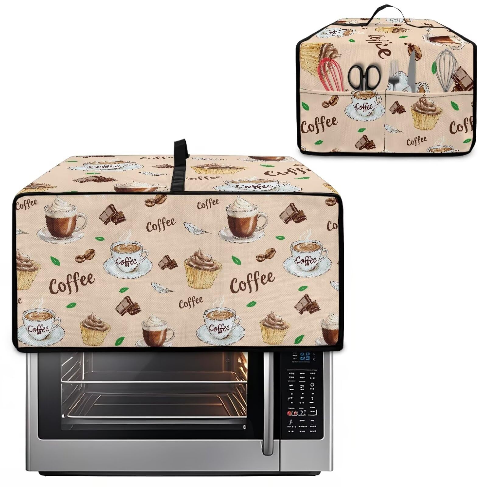 Pzuqiu Coffee Pattern Bread Maker Dust Cover with Multiple Pockets Waterproof Washable Anti Greasy Bakeware Oven Covers Small Kitchen Appliance Protector