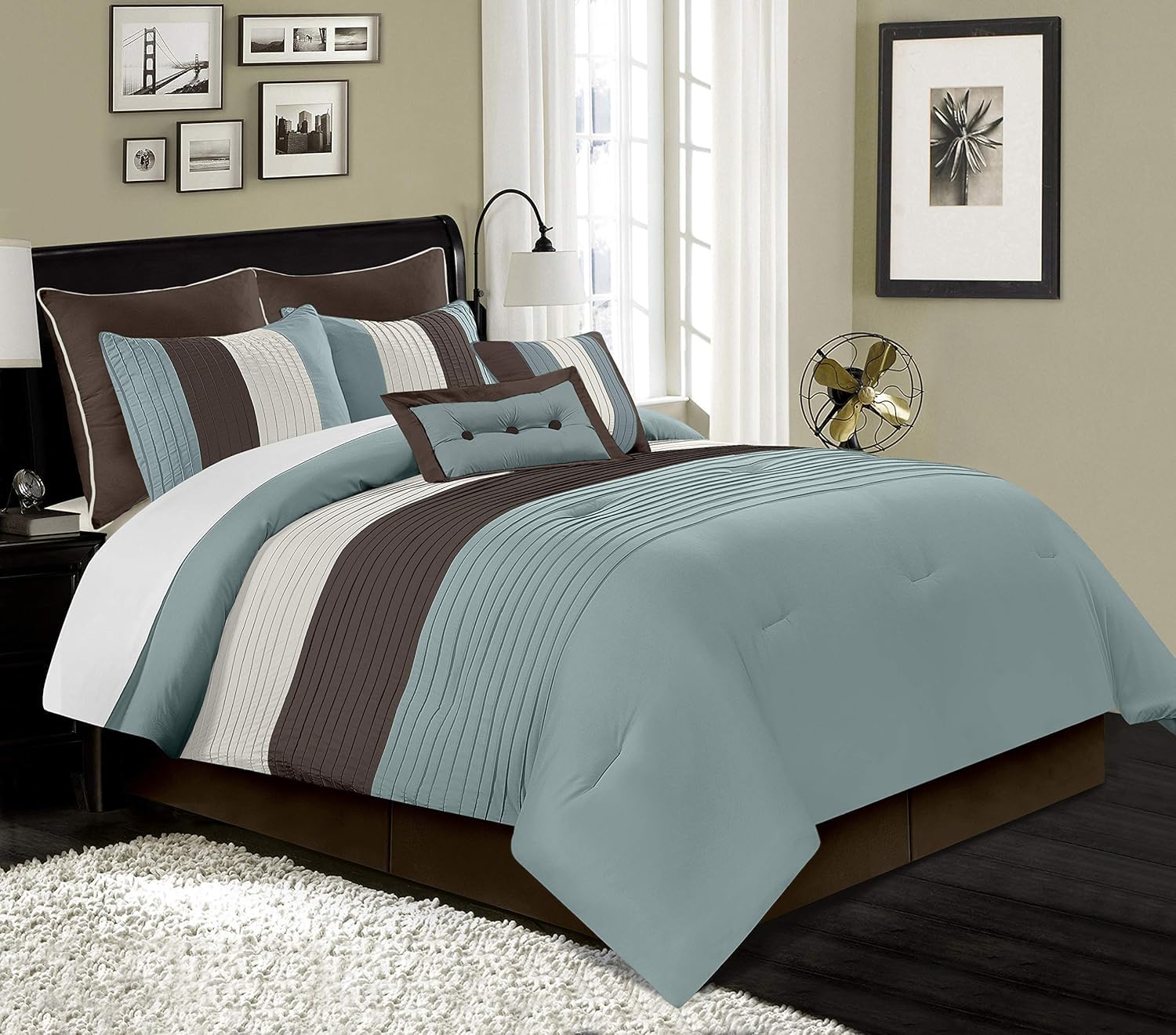 Chezmoi Collection 8-Piece Blue Brown Beige Pleated Stripe Comforter Set King Size Bedding Set