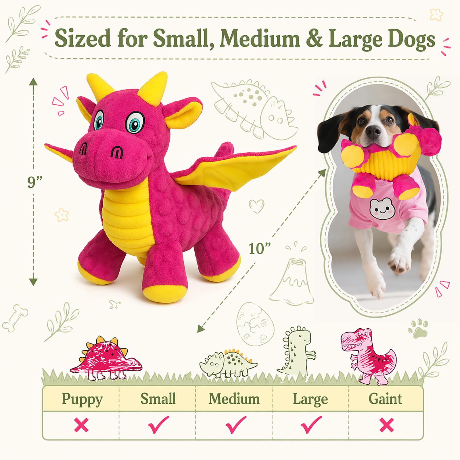 Quietschendes Hundespielzeug – Weiches Plüschdrachen-Hundespielzeug mit 5 Quietschern und Knisterpapier, Hundespielzeug für kleine, mittelgroße und große Hunde (Rosa, 25,4 cm)