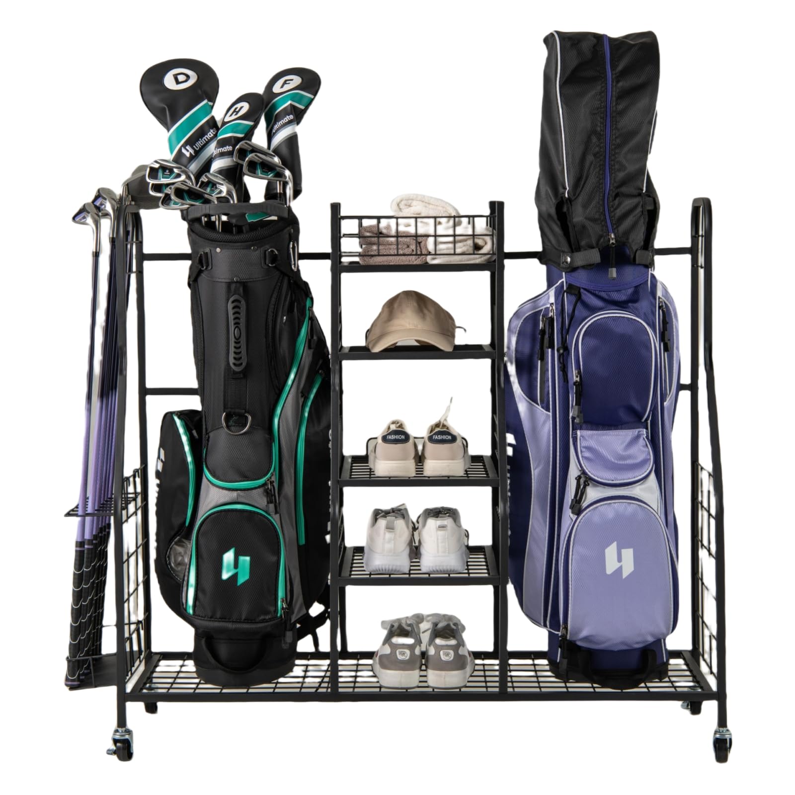 GYMAX Golf Storage Rack, Extra Large Golf Bag Stand with 4 Lockable Universal Wheels, All-in-1 Golf Garage Organizer for Men & Women (Double), Black