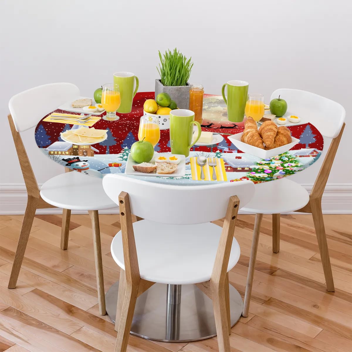 Fitted Round Tablecloth with Elastic Edge Christmas Snowflake Snowman Circle Table Cover Stain Wrinkle Resistant Washable 45-50 Inch Tablecloth for Kitchen Outdoor Party Picnic Decor