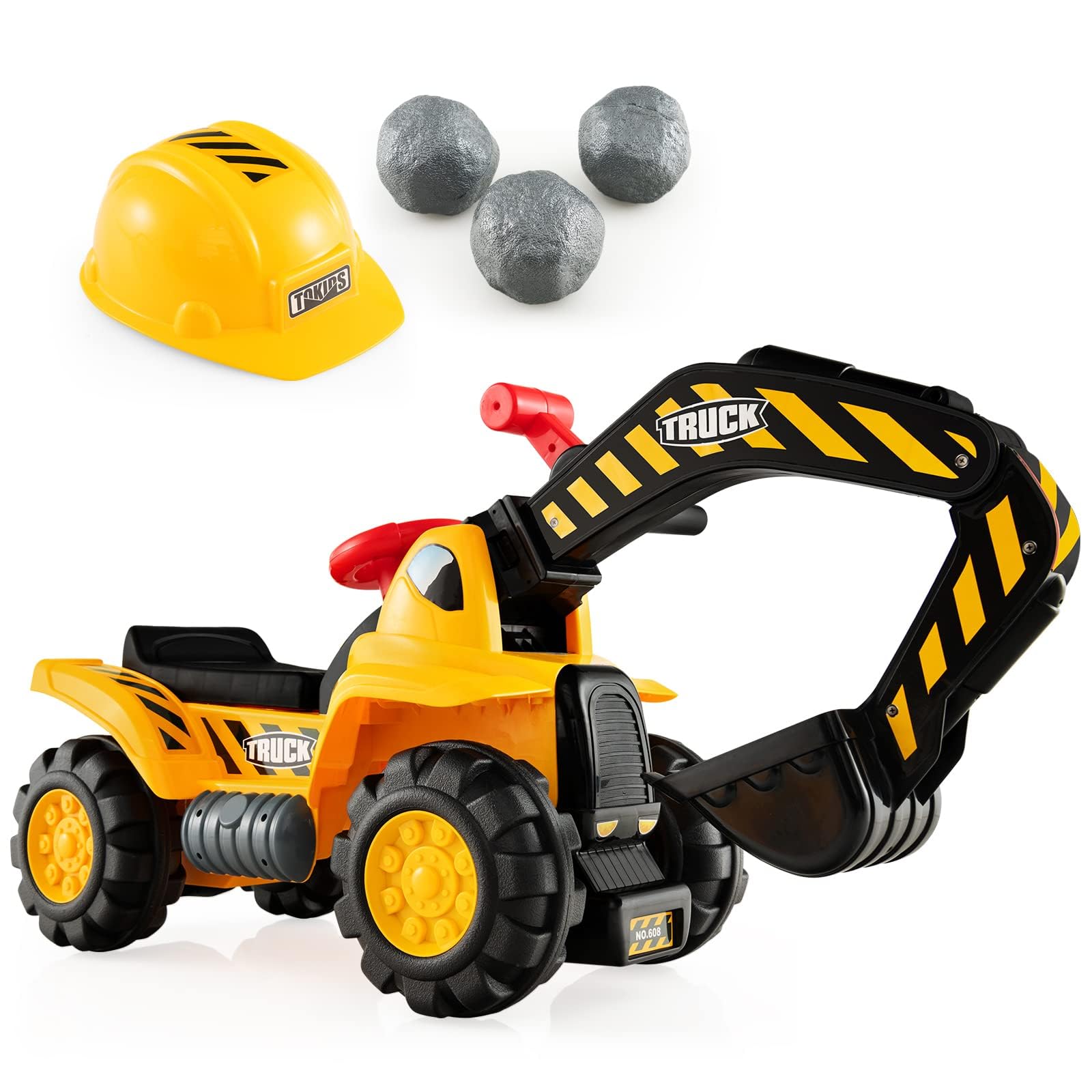 RELAX4LIFE Excavadora de Juguete para Caballo, Excavadora Gigante para niños de 3+ años, Excavadora eléctrica con Asiento Amplio y Sonidos, Ruedas deslizantes para césped, Madera y Playa, 84x45x30cm
