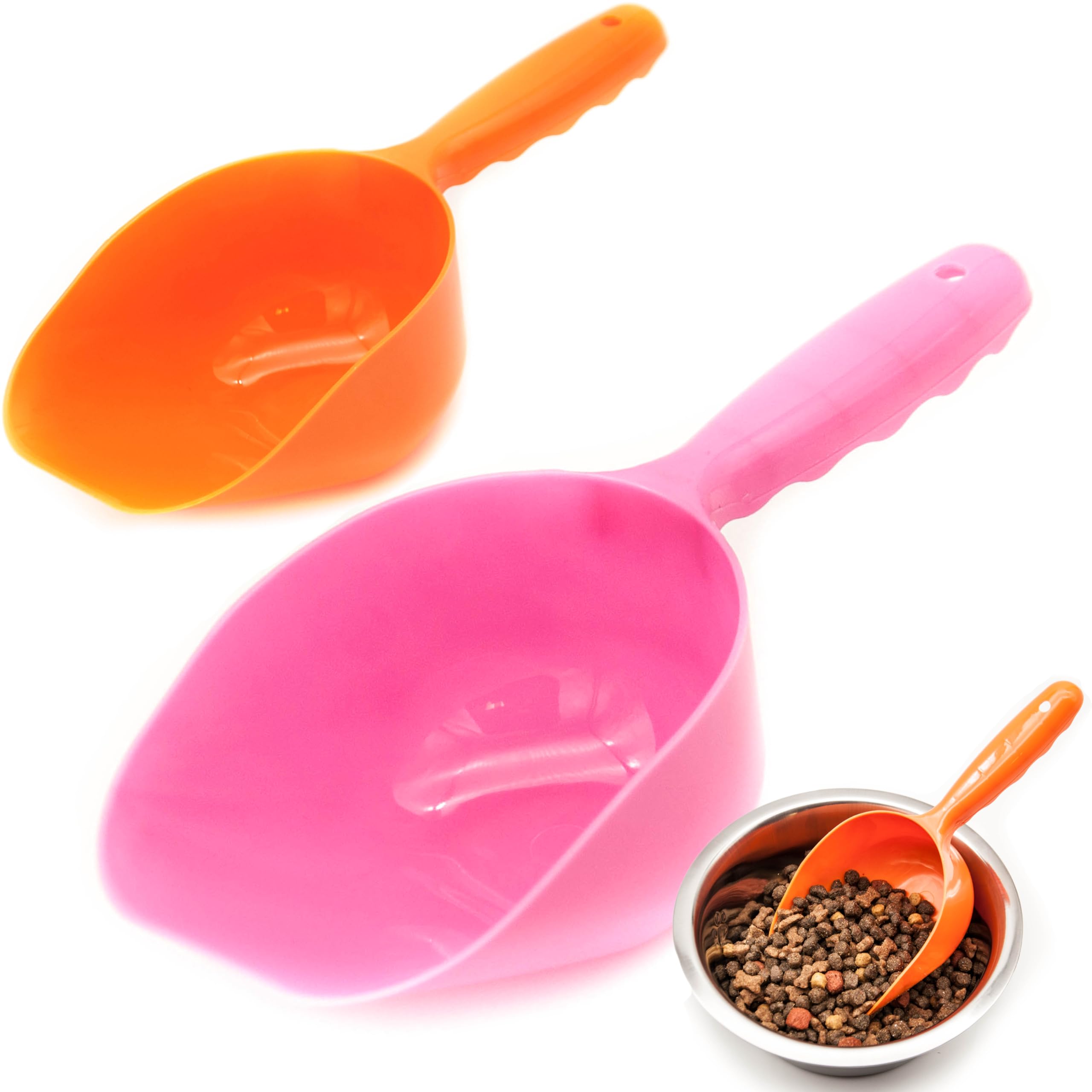 2x Food Scoops for Dog Treat Storage Container – Dogs, Cats, Rabbits, Ferrets, Birds – Use with Pet feed Storages, Container, Pets feeding bin – Portable, Travel, Lightweight (Pink/Orange)