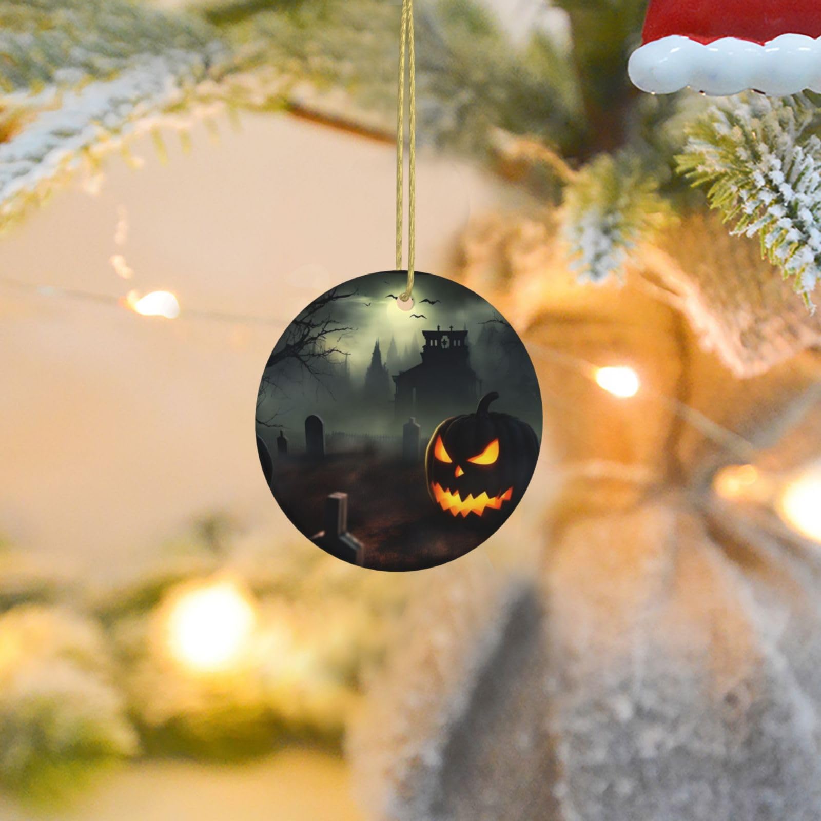 Christmas Ornaments for Christmas Tree Decoration Ceramic Hanging Halloween Horror Ornament with Gold Ribbon Crafts Round Pendant for Keepsake Gifts Glass Xmas Decor Party Supplies