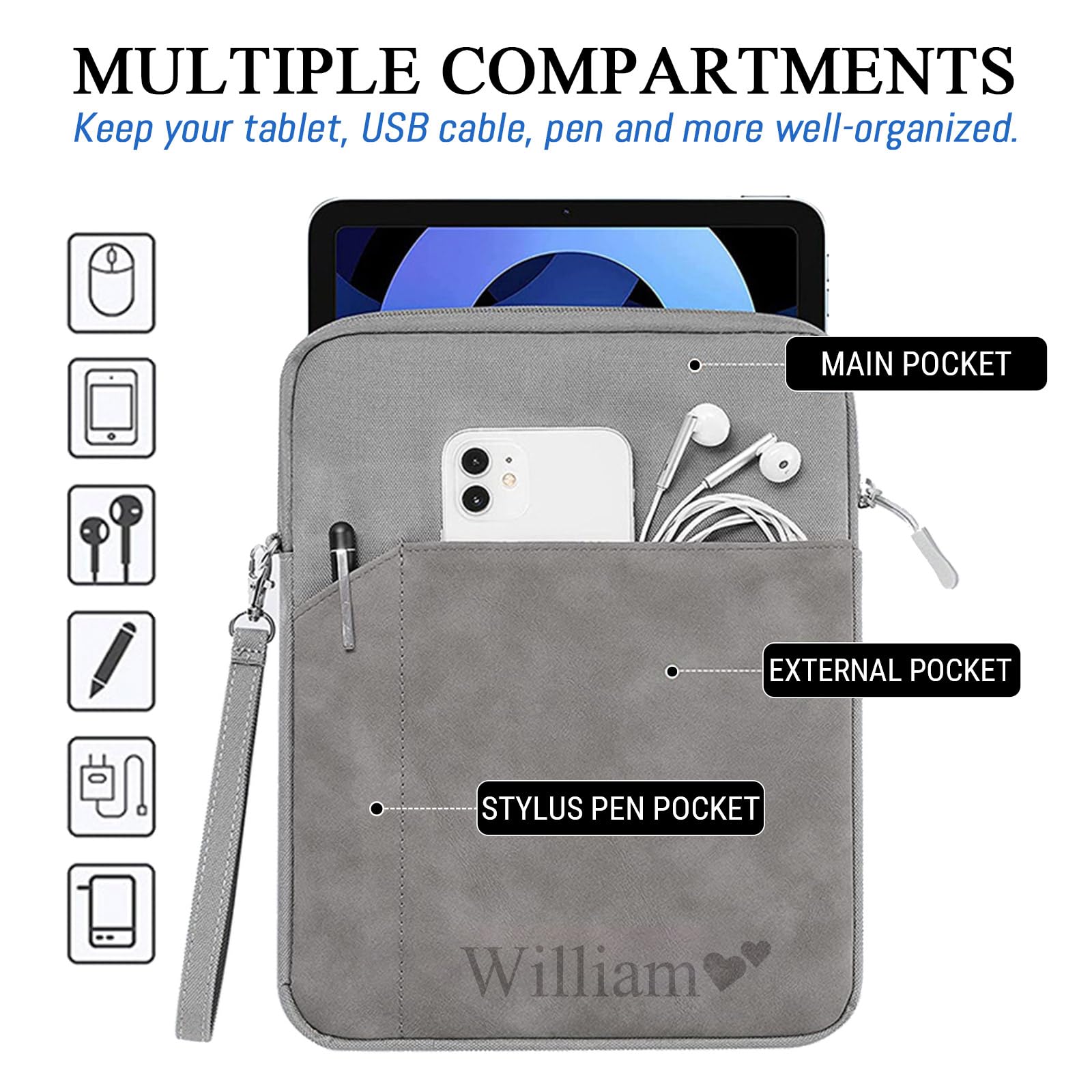 Custom 12.9-13 Inch Tablet Sleeve Bag Compatible with iPad Air Pro, Personalized Name Letter Logo Protective Tablets Bag Pocket for Galaxy Tab S10+/S9 FE+/S8+ Carrying Case Pink