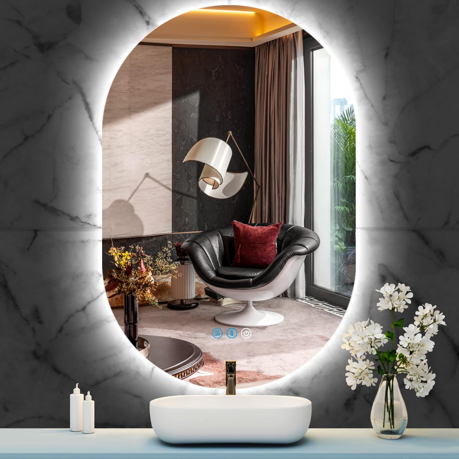 THEKLA Oval Mirror with Led Lighting for Bathroom, Wall, Vertical, Horizontal, Makeup, 16 X 24" Frameless, Backlight, Vanity Lights, Smart Memory, 3 Colors, Dimmable, Anti