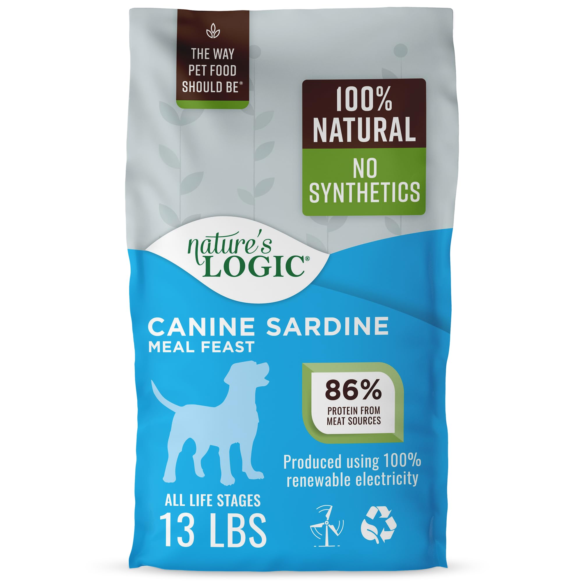 NATURE'S LOGIC Dry Dog Food - 100% Natural - No Synthetics - for All Ages, Sizes, Breeds - Free from Common Allergens, High Protein - Sardine Meal Feast, 13lbs