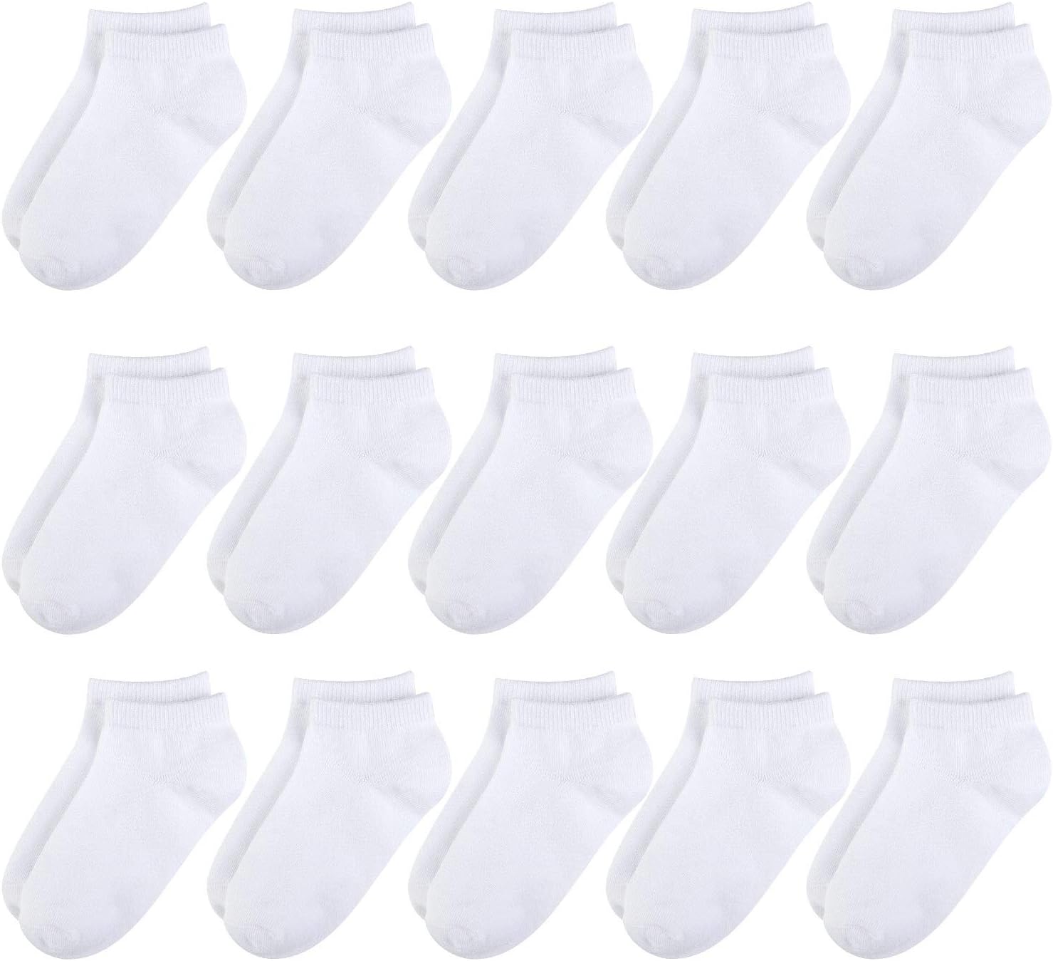 15 Pairs of Kids' Socks for Boys and Girls, Half-Cushioned, Low-Cut Athletic Ankle Socks