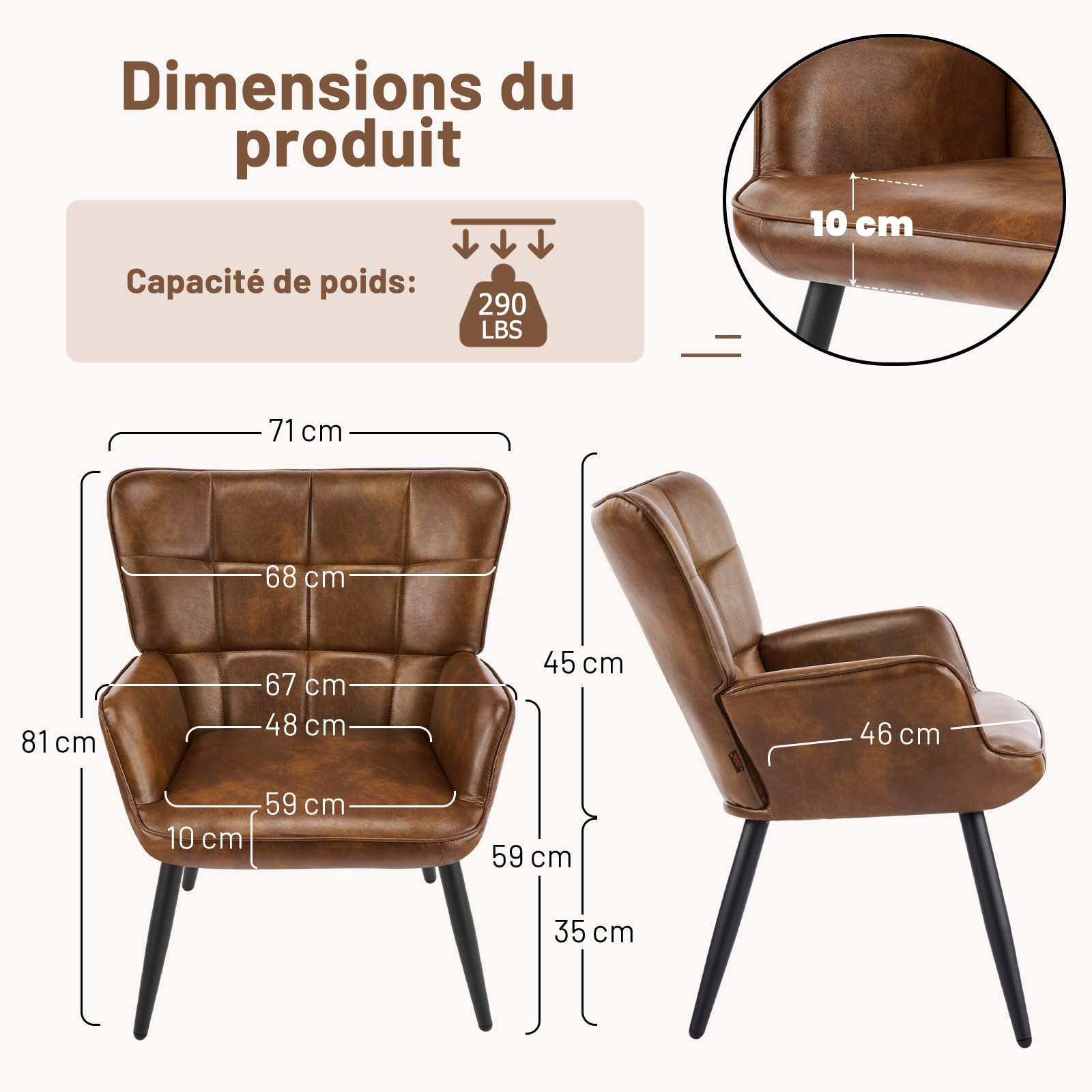 Fauteuil Salon Scandinave, Chaise Coiffeuse en Cuir PU, Chaises Salle à Manger Chaise Rembourrée avec Accoudoirs & Dossier Ergonomique pour Chambre Salle à Manger Bureau Allaitement, Brun