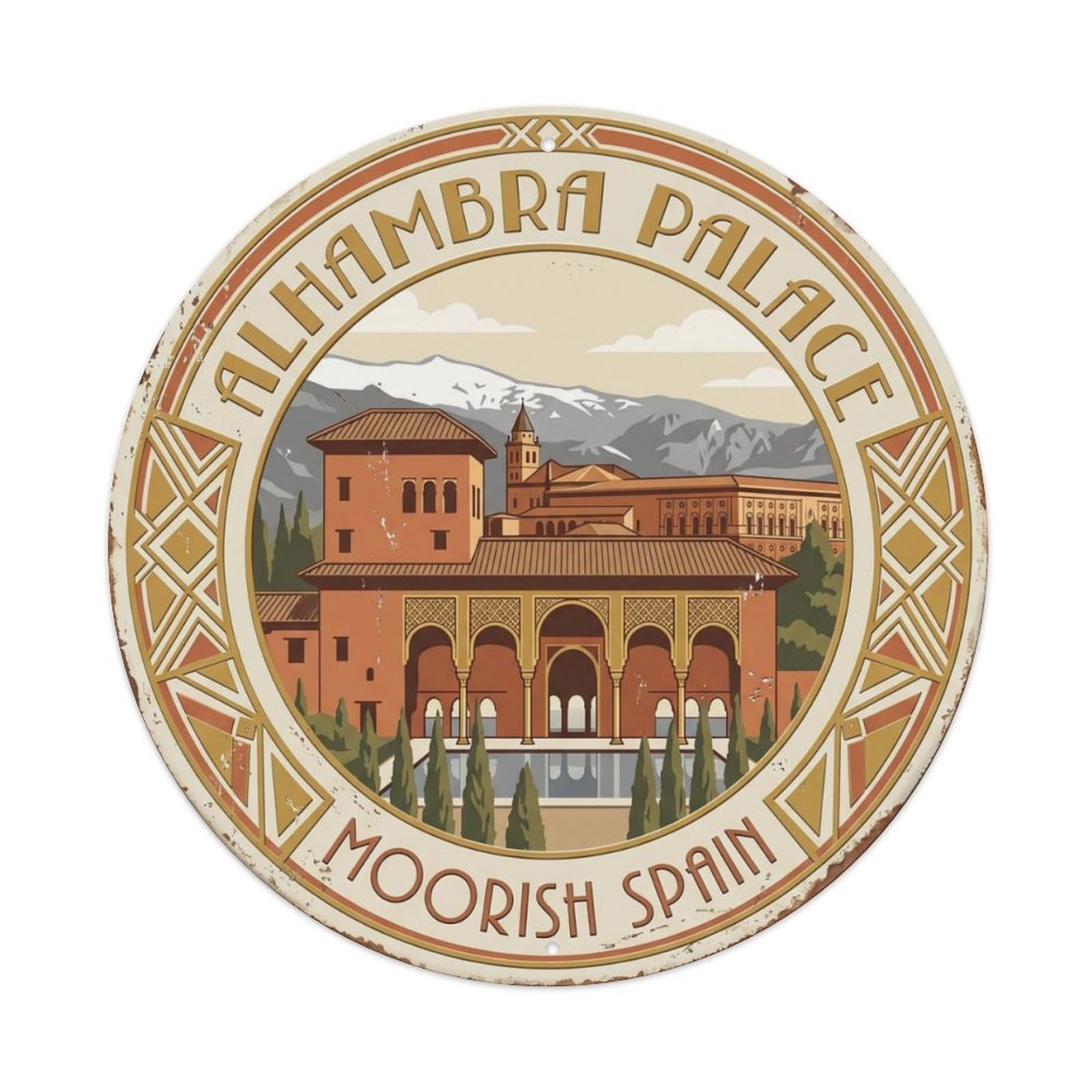 Alhambra Palace Moorish Spain Fortress Metal Tin Sign Plaque Wall Decor for Cafe, Club Bar, Office, Home Garden Round Metal Poster 8x8Inch