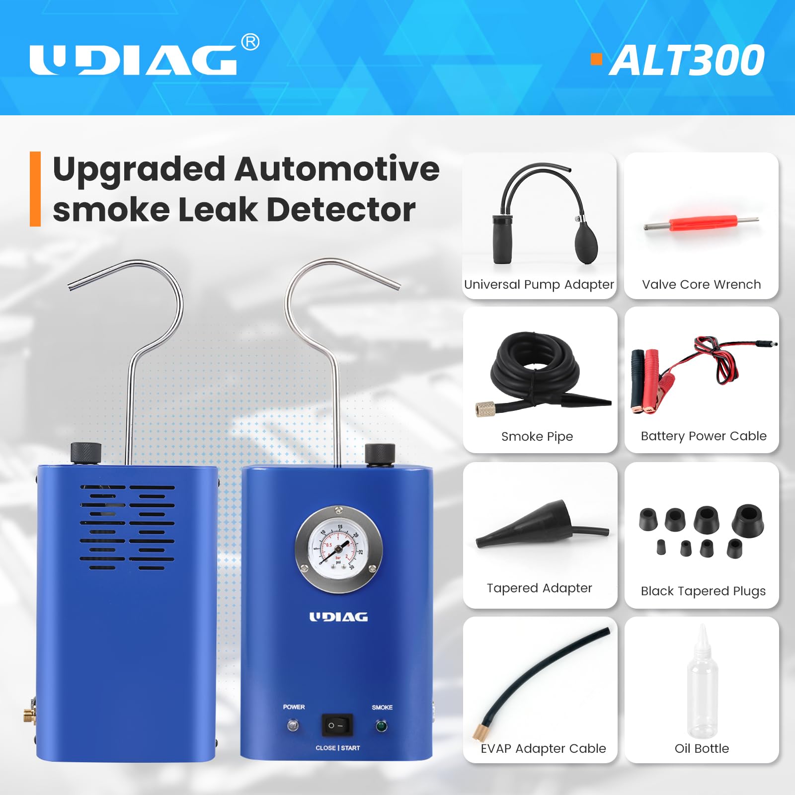 UDIAG ALT300 Automotive Smoke Leak Detector, EVAP Smoke Machine Leak Tester, Diagnostic Fuel Pipe Leak Detectors for All 12V Vehicles/Motorcycles/Trucks/Boats/ATV/Snowmobiles