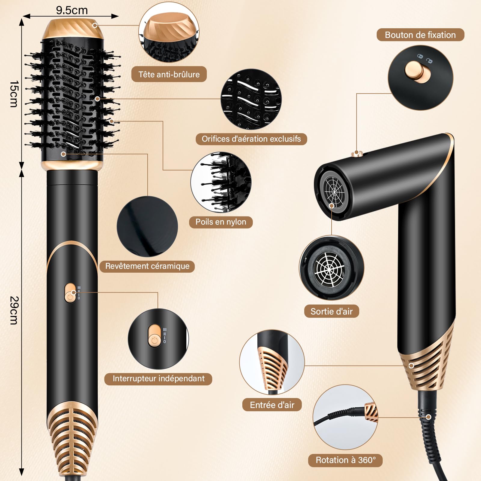 Air Styler 6 en 1 Kit Coiffure Multifonction, Sèche Cheveux, Brosse Soufflante Rotative, Fer à Friser, Peigne Lissant, Brosse Chauffante et Diffuseur pour Boucler, Lisser et Donner du Volume | Ensemble de brosses à cheveux