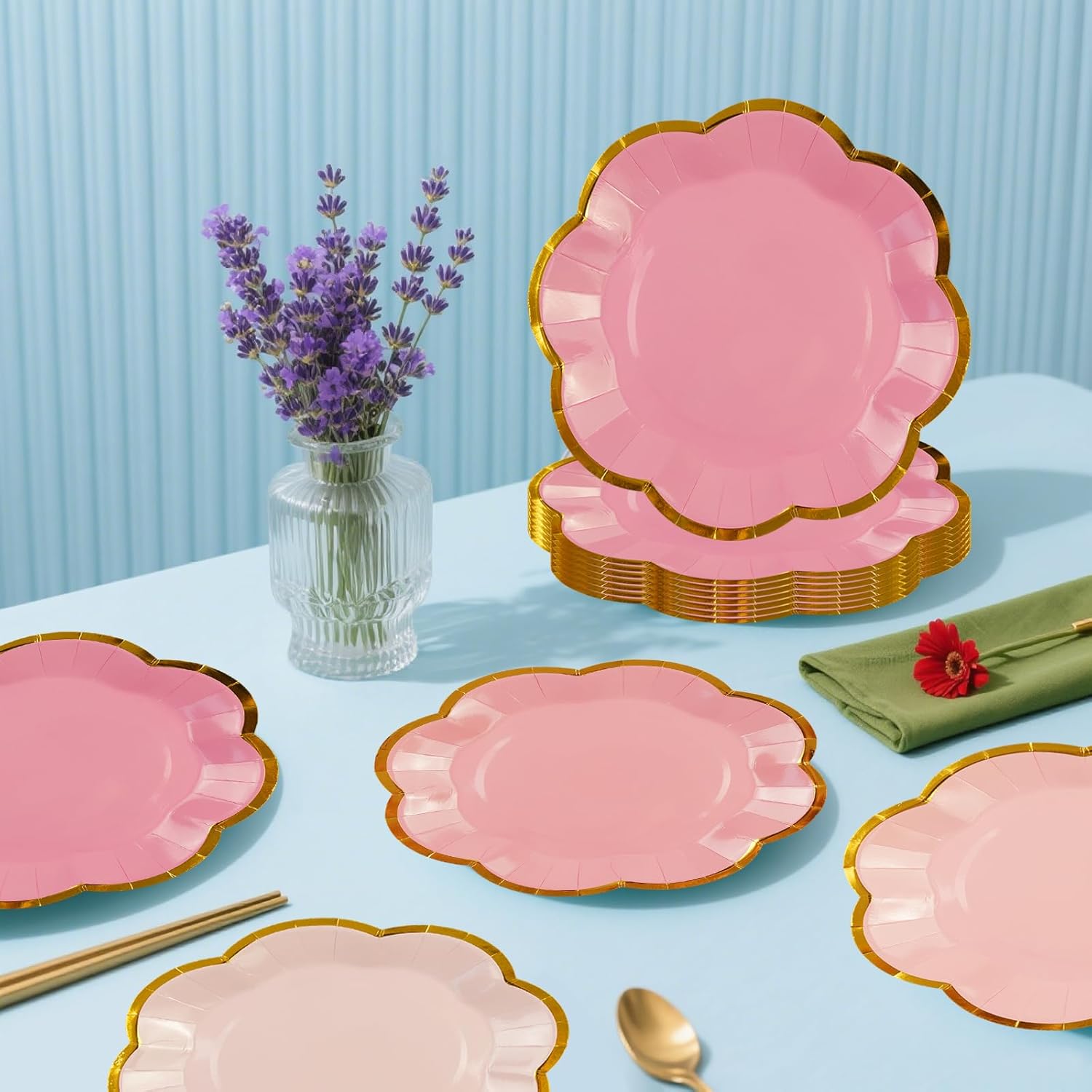 48Pcs Light Pink Scalloped Party Plates - 7inch Gold Foil Gradient Pink Dessert Paper Plate Disposable Cake Plates for Birthday Bridal Baby Shower Wedding Party Decorative Supplies - Image 4