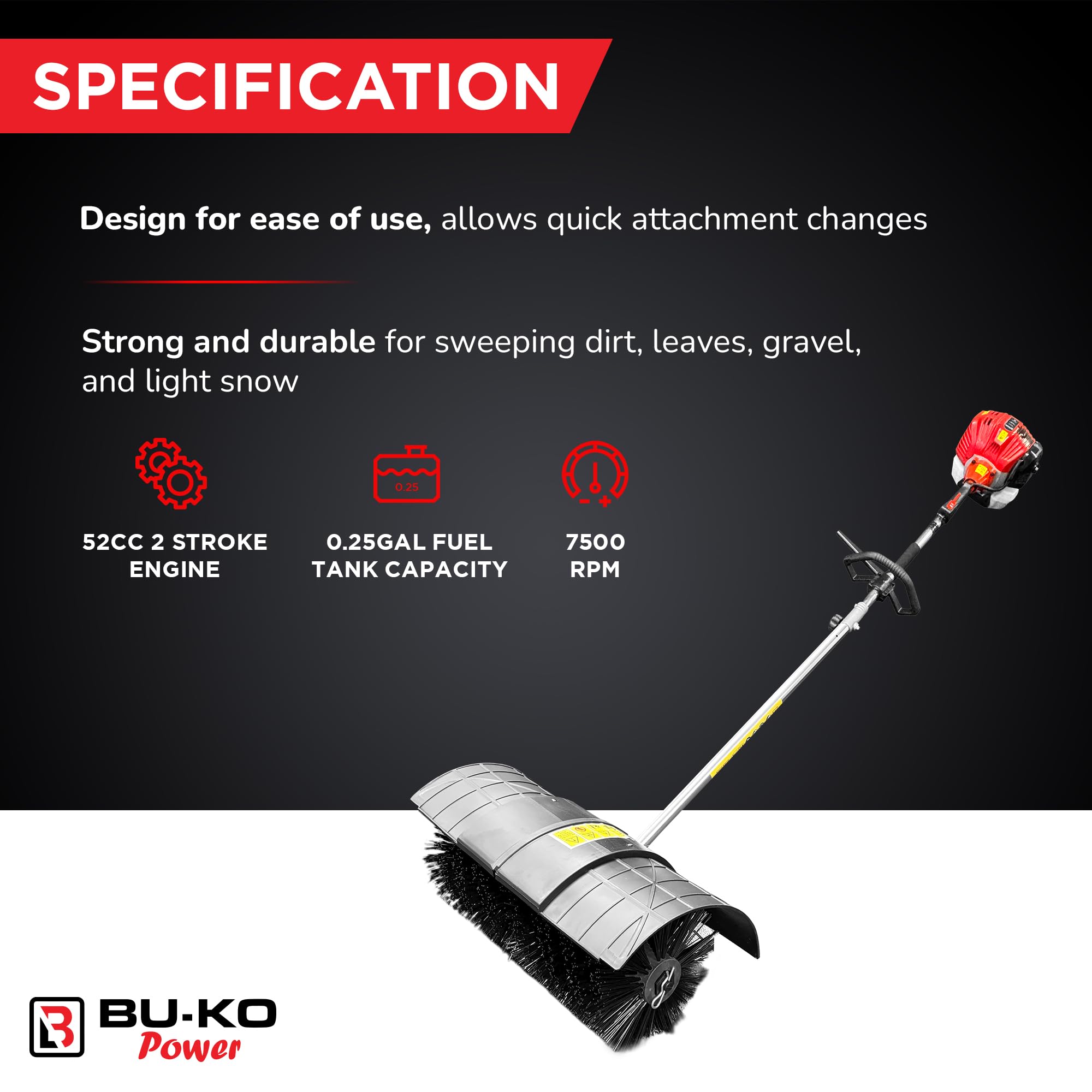 BU-KO Accessorio Spazzola Attrezzo da Giardino Multifunzionale Spazzatrice Robusta per Esterni per Pulire terrazze e vialetti. Compatibile con attrezzo 5-in-1 52cc, Facile da Fissare