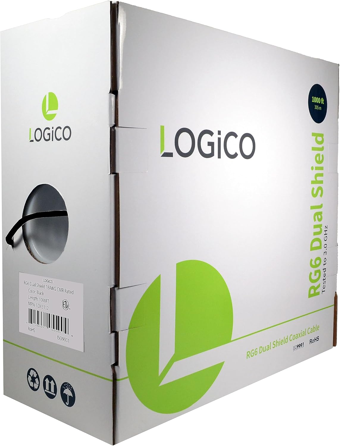 LOGICO Best RG6 Coaxial Cable CCS 18AWG Dual Shield Coax 1000ft TV Antenna Satellite Black