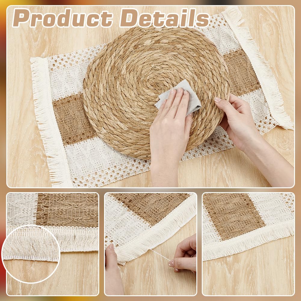 UNICRAFTALE Ensemble de 12 Sets de Napperons Bohème Faits à la Main en Rotin 12 Napperons de Table Rectangulaires avec Frange et 12 Napperons Ronds en Jonc Napperons de Style Ferme Tissés pour Cuisine