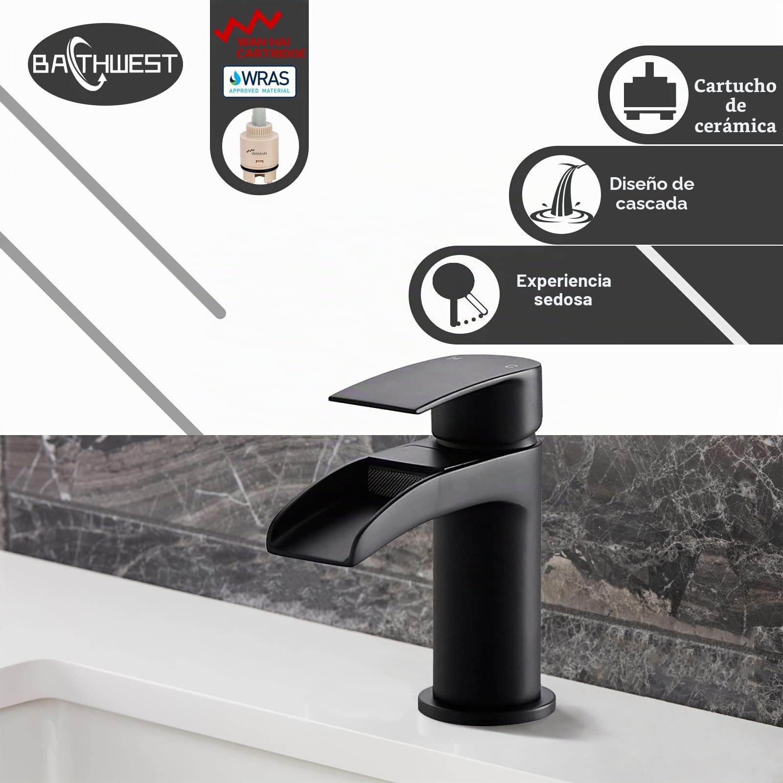 Grifo de lavabo negro mate con desagüe, grifo de lavabo de cascada con desagüe, grifo monobloque de latón negro con tapón de fregadero 112NBK