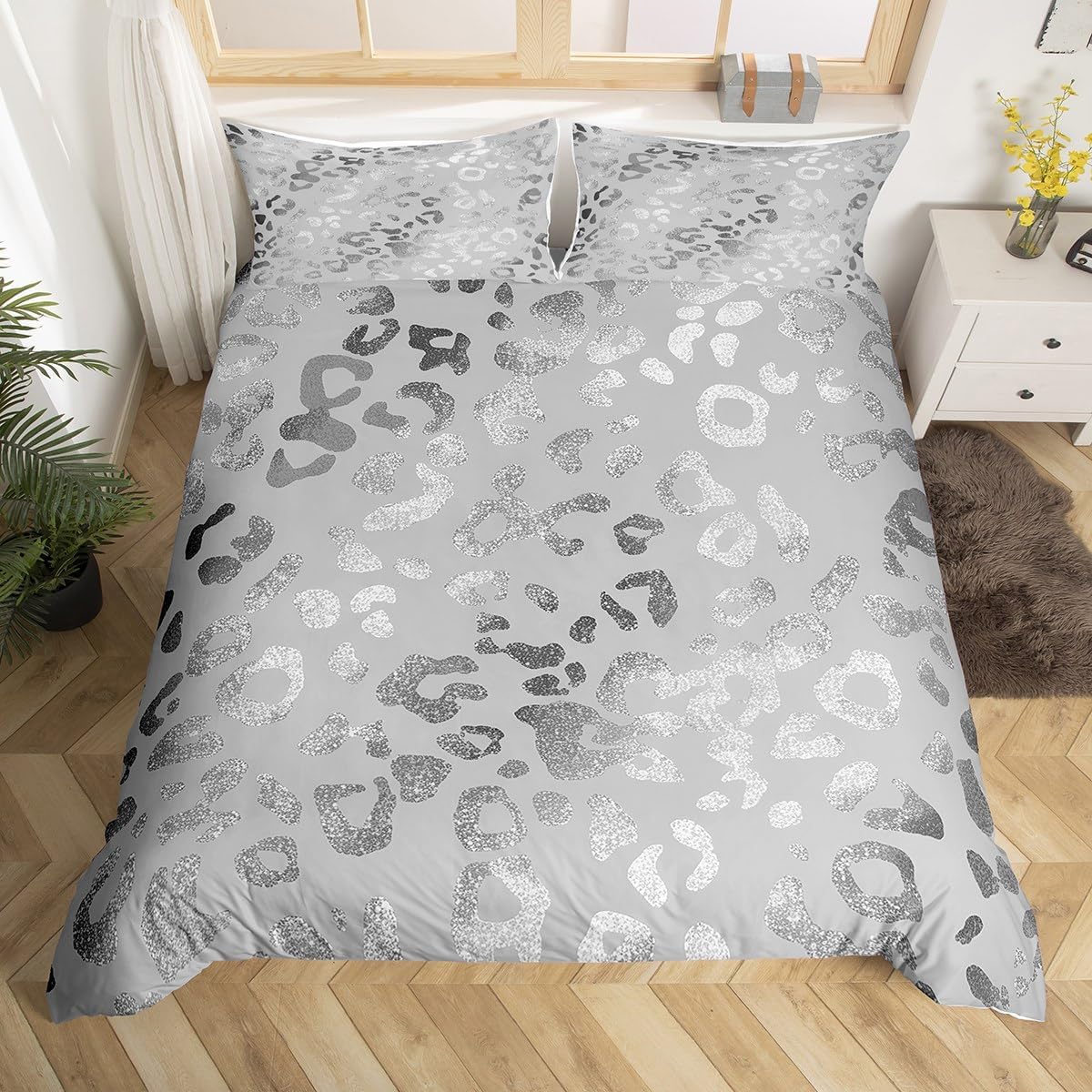 Silver Glitter Leopard Bedding Set,Cheetah Skin Printed Duvet Cover for Teens Boys Girls,Marble Abstract Art Comforter Cover Decorative Room,Silver Leopard Quilt Cover with 2 Pillowcases,King Size