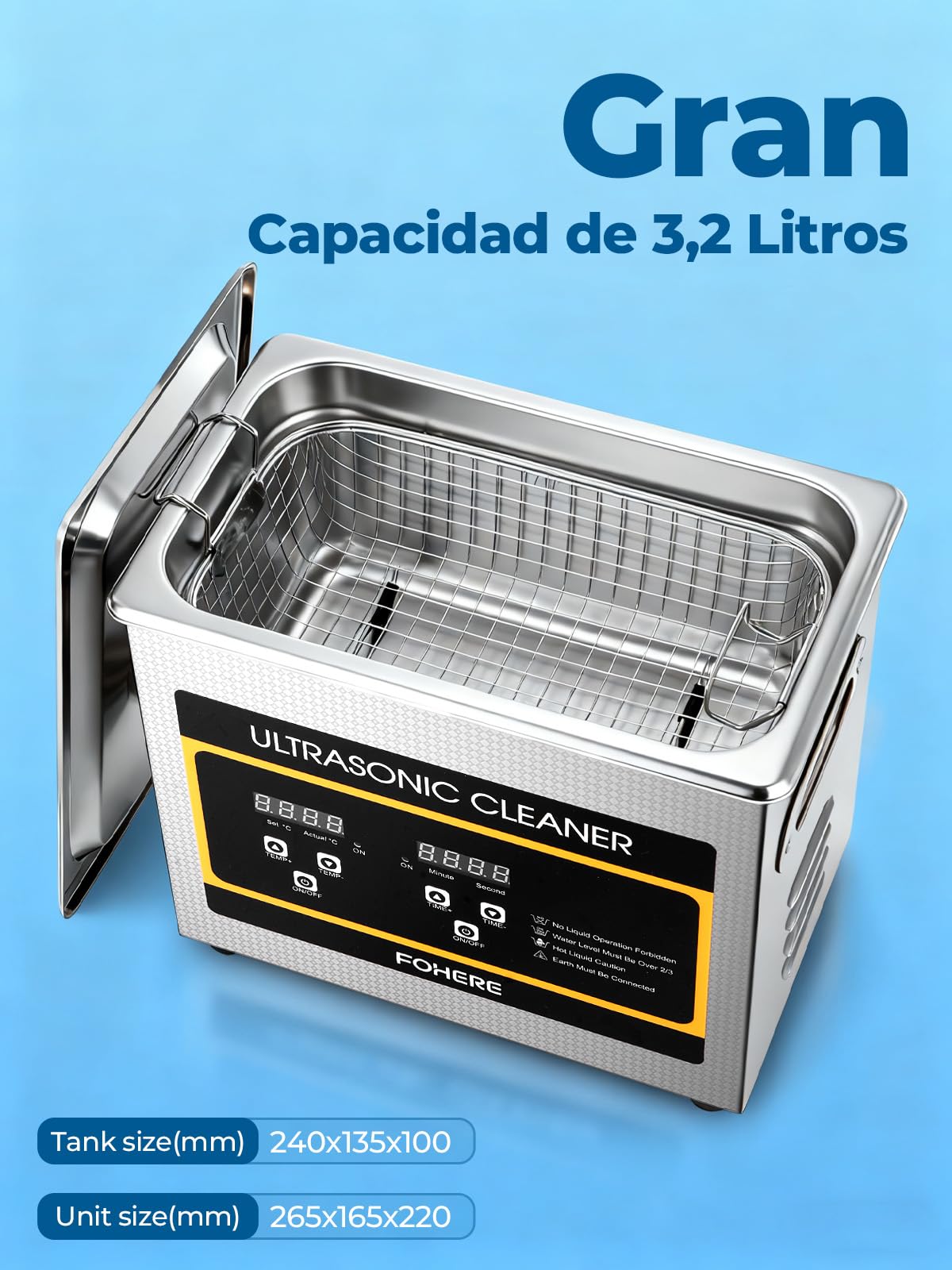 Limpiador de Ultrasonidos con Calentador y Temporizador, Acero Inoxidable, Máquina de Ultrasonidos Limpieza Profesional para Relojes, Placas PCB, Cadenas de Moto, Gafas y Piezas de Auto (3.2L)